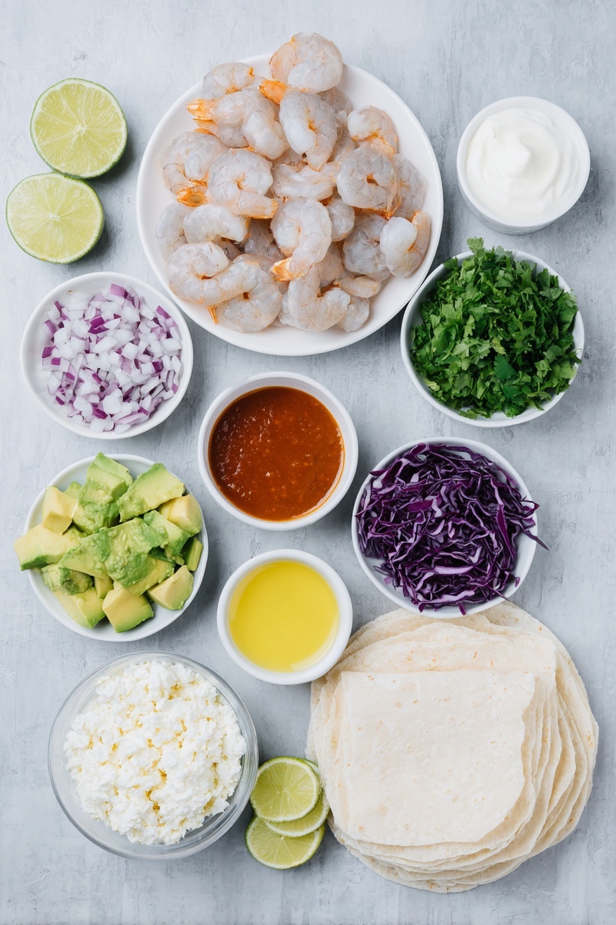 Flat lay of fresh raw shrimp with glistening shells, a halved ripe avocado diced into chunks, thinly shredded vibrant purple cabbage, finely diced bright red onion, a small handful of coarsely chopped fresh cilantro leaves, a small white bowl of creamy sour cream, another small white bowl with smooth mayonnaise, a small white bowl containing freshly squeezed lime juice, a few whole garlic cloves unpeeled, a small white bowl holding a deep orange-red Sriracha sauce, a small white bowl of golden olive oil, a neat mound of crumbly white Cotija cheese, a small pile of white corn tortillas stacked evenly, and a fresh lime cut into eight wedges all arranged in perfect symmetry on simple white ceramic bowls and plates placed on a clean white marble surface, soft natural light, photo taken with an iPhone, professional food photography style, fresh ingredients, white ceramic bowls, no bottles, no duplicates, no utensils, no packaging --ar 2:3 --v 7 --p m7354615311229779997 - Shrimp Tacos with Lime Cilantro Sauce, Shrimp Taco Recipe, Easy Seafood Tacos, Fresh Lime Cilantro Sauce, Quick Dinner Ideas