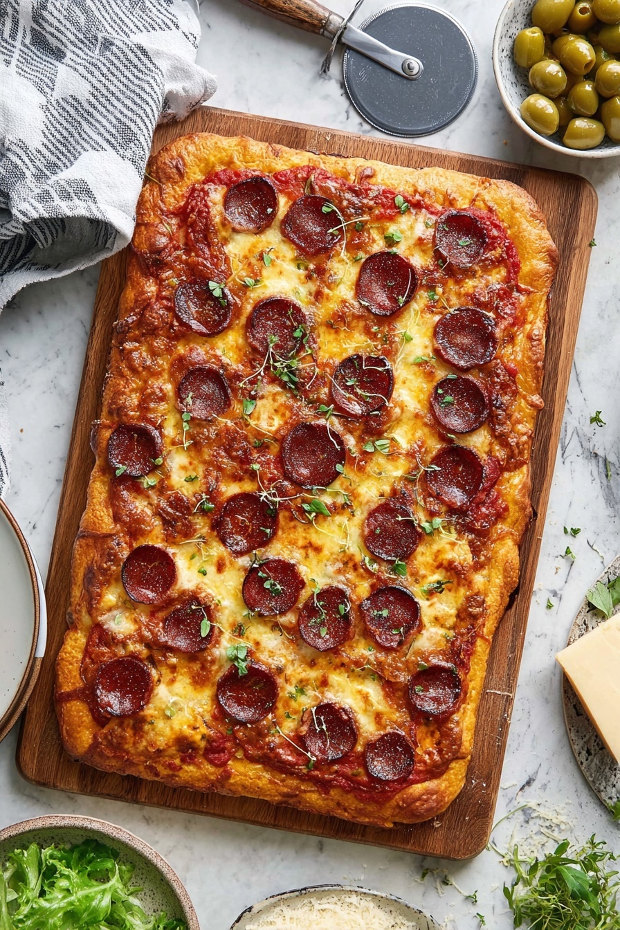 A rectangular pizza with a golden brown thick crust sits on a wooden board. The pizza has a base layer of red tomato sauce, topped with melted yellow and white cheese that is bubbly and slightly browned in parts. Scattered evenly across the surface are many dark red pepperoni slices, some overlapping. Small green herb leaves are sprinkled on top, adding color contrast. The background is a white marbled texture, with a gray pizza cutter and a folded striped cloth on the top left, a white bowl with green olives at the top right, and some loose green herbs around the pizza. A white plate with green salad and a grater with a block of cheese are partially visible at the bottom right. Photo taken with an iphone --ar 2:3 --v 7 - Homemade Pepperoni Pizza, homemade pizza dough, easy pizza sauce, crispy pizza crust, best homemade pepperoni pizza
