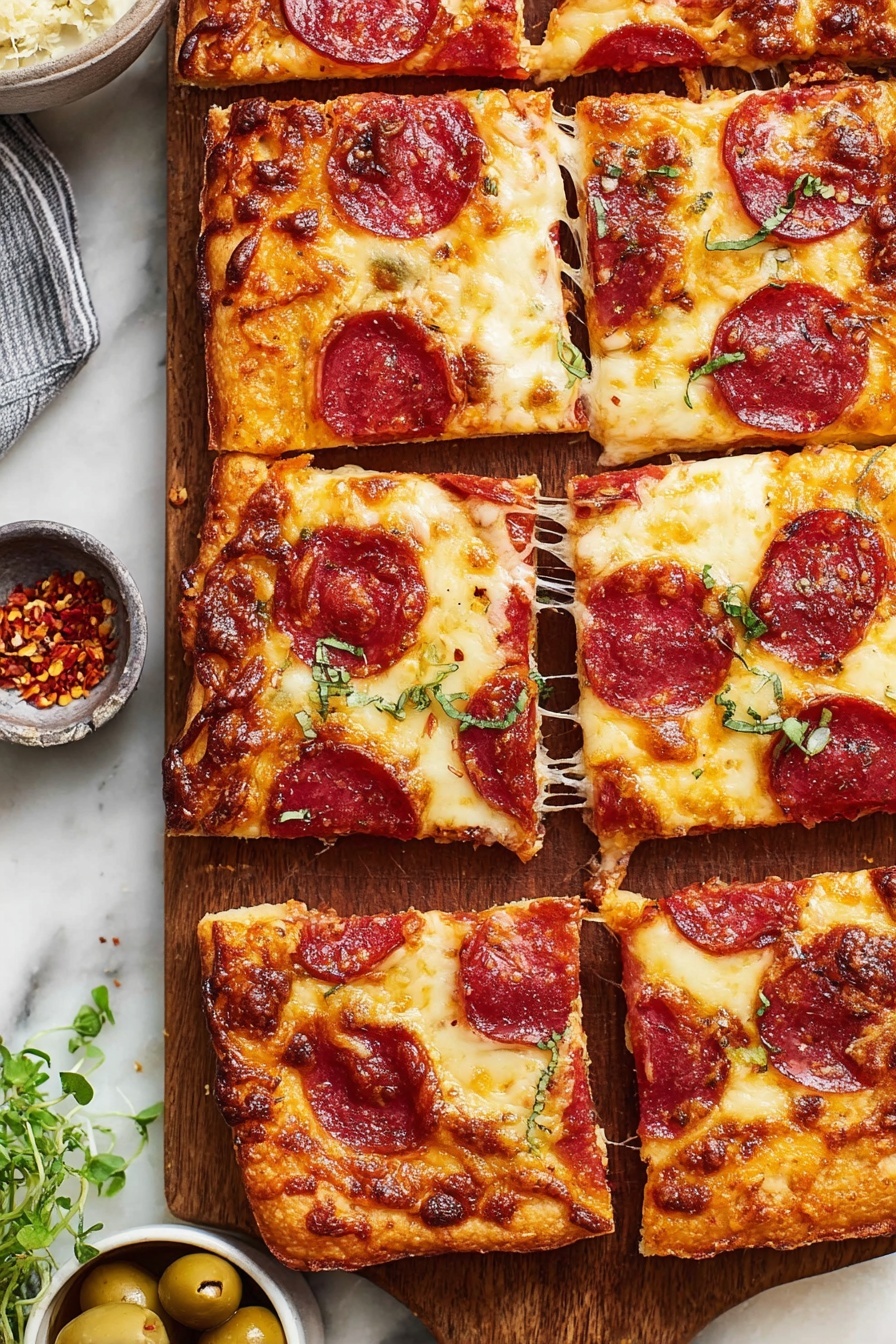 A rectangular pepperoni pizza sliced into nine square pieces sits on a wooden board. The crust is golden brown and thick, with melted cheese covering the entire pizza in a creamy white and light golden texture. Bright red pepperoni slices with slightly curled edges are spread evenly on top of the cheese. Small green herb leaves are scattered across the pizza, adding a fresh pop of color. One slice is lifted slightly showing a stretch of melted cheese between the slice and the rest of the pizza. The wooden board and pizza are on a white marbled surface with small bowls of olives and red chili flakes, and a sprig of fresh herbs in the background. Photo taken with an iphone --ar 2:3 --v 7 - Homemade Pepperoni Pizza, homemade pizza dough, easy pizza sauce, crispy pizza crust, best homemade pepperoni pizza