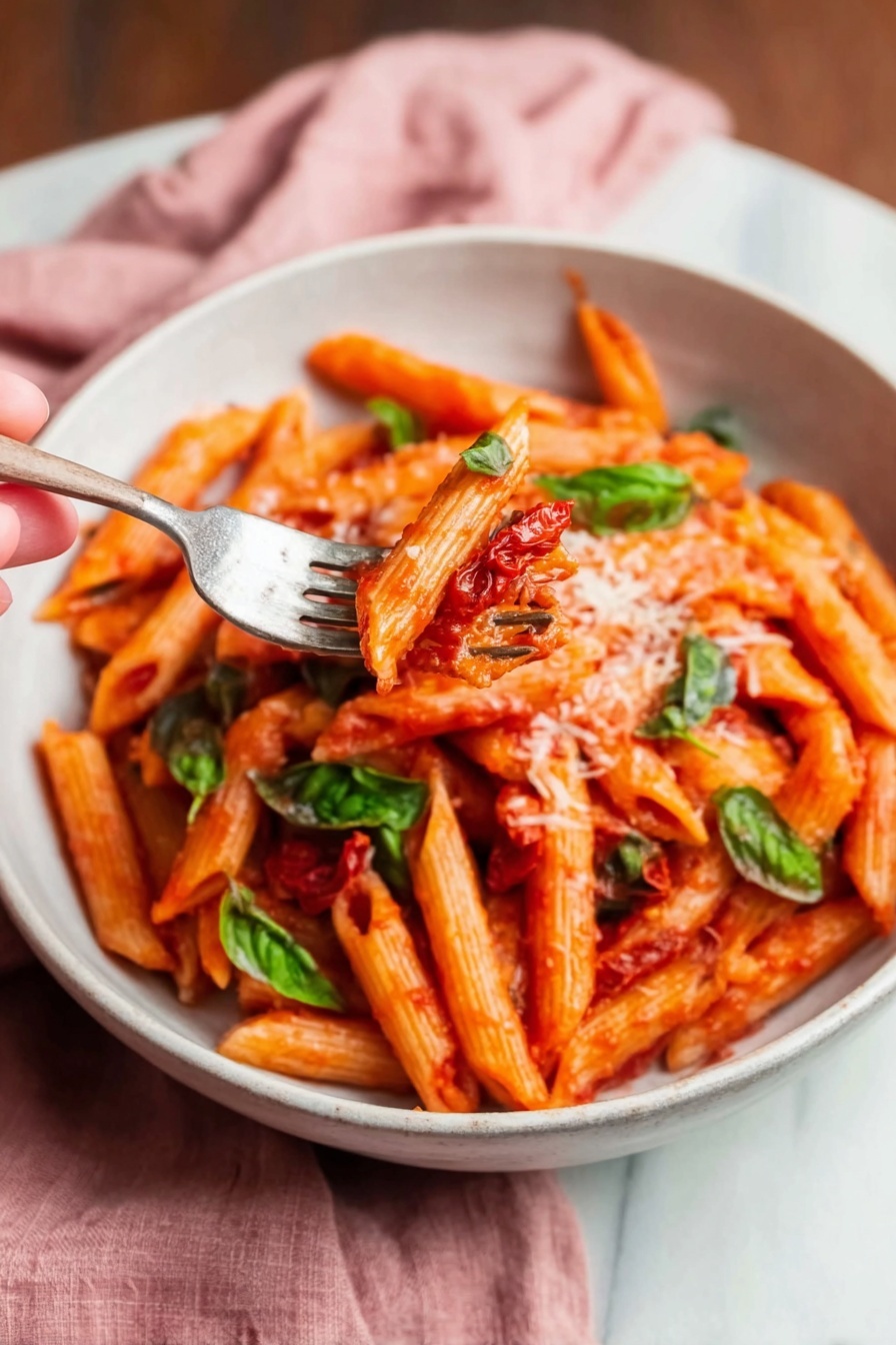 A white bowl filled with red penne pasta coated in tomato sauce. The pasta is layered with small green basil leaves scattered on top. A woman's hand holds a silver fork lifting a bite of pasta with a piece of sun-dried tomato and some grated cheese visible on top. The background is a white marbled surface with a soft pink cloth near the bowl, creating a cozy setting. photo taken with an iphone --ar 2:3 --v 7 - Quick Penne Pomodoro Pasta, simple tomato pasta recipe, easy Italian pasta, fast penne pasta dinner, quick weeknight pasta