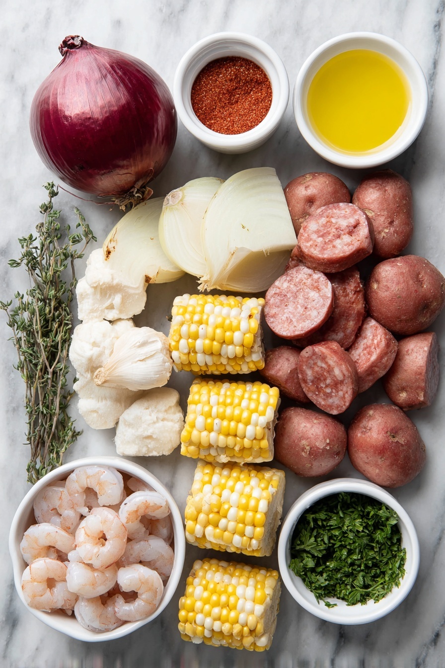 Flat lay of a large red onion quartered into wedges, a whole garlic bulb halved horizontally showing cloves, a small white ceramic bowl filled with bright reddish Old Bay seasoning powder, fresh thyme sprigs with delicate green leaves, several medium red potatoes cut into fourths with smooth skin, four husked corn ears broken into halves with bright yellow kernels, thick slices of reddish-brown andouille sausage showing marbling, a pile of plump raw pink shrimp with shells peeled and deveined, a small white bowl of melted golden butter, another small white bowl with fresh lemon juice, and a few sprigs of finely chopped fresh green parsley, all arranged symmetrically and naturally without any packaging, placed on a clean white marble surface, soft natural light, photo taken with an iPhone, professional food photography style, fresh ingredients, white ceramic bowls, no bottles, no duplicates, no utensils, no packaging --ar 2:3 --v 7 --p m7354615311229779997 - Shrimp Boil, Shrimp Boil with Old Bay Seasoning, seafood boil recipe, easy shrimp boil, Chesapeake Bay seafood