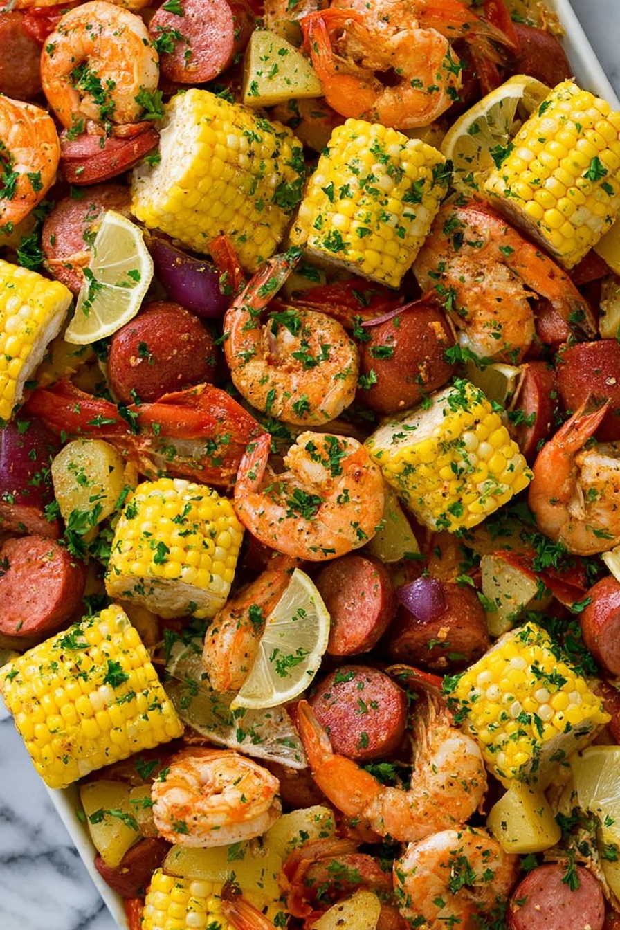 The image shows a colorful seafood boil with several layers mixed together. The first layer consists of chunky pieces of bright yellow corn on the cob with visible kernels, evenly spread across the dish. On top of that are many plump shrimp with an orange-pink color and a slightly shiny, cooked texture. Interspersed among the shrimp and corn are thick slices of reddish sausage with a smooth surface, and chunks of red-skinned potatoes with a soft texture. Thin lemon wedges with yellow skin and juicy white flesh are scattered in various places. The entire dish is sprinkled with finely chopped green parsley, adding a fresh touch. The food rests on a white marbled surface that enhances the vibrant colors. Photo taken with an iphone --ar 2:3 --v 7 - Shrimp Boil, Shrimp Boil with Old Bay Seasoning, seafood boil recipe, easy shrimp boil, Chesapeake Bay seafood