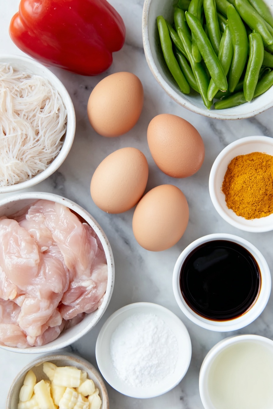 Flat lay of a small bundle of dried rice vermicelli noodles, thinly sliced raw chicken thighs with pale pink flesh, three whole uncracked brown eggs, one whole fresh red bell pepper, one small whole yellow onion, a handful of bright green snap peas with ends removed, a small pile of fresh baby corn ears, four peeled garlic cloves, a small white ceramic bowl of golden yellow curry powder, a small white ceramic bowl of dark brown hoisin sauce, a small white ceramic bowl of light brown soy sauce, a small white ceramic bowl of clear Shaoxing wine, a small white ceramic bowl of white granulated sugar, a small white ceramic bowl of translucent cornstarch powder, a small white ceramic bowl of clear vegetable oil, all ingredients arranged symmetrically and with realistic proportions, placed on a clean white marble surface, soft natural light, photo taken with an iPhone, professional food photography style, fresh ingredients, white ceramic bowls, no bottles, no duplicates, no utensils, no packaging --ar 2:3 --v 7 --p m7354615311229779997 - Singapore Curry Noodles with Chicken, Singapore Curry Noodles, Curry Noodles with Chicken, Asian Curry Noodles, Quick Curry Noodle Recipe