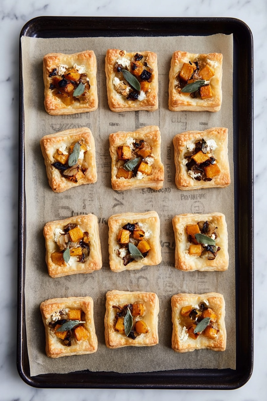 Twelve small square pastries are arranged in a 4 by 3 grid on parchment paper lined on a dark baking tray. Each pastry has a golden-brown puff crust with a slightly raised edge around the border. Inside each crust, there are layers of small golden-orange cubes, dark bits resembling cooked mushrooms or caramelized onions, and light crumbles of cheese, all topped with thin strips of green herb, possibly sage. The pastries have a slightly glossy finish on top, and the parchment paper beneath them has faint printed text. The tray is placed on a white marbled surface. photo taken with an iphone --ar 2:3 --v 7 - Mini Butternut Squash Tarts, butternut squash appetizer, fall veggie tarts, mini puff pastry tarts, cozy fall recipes