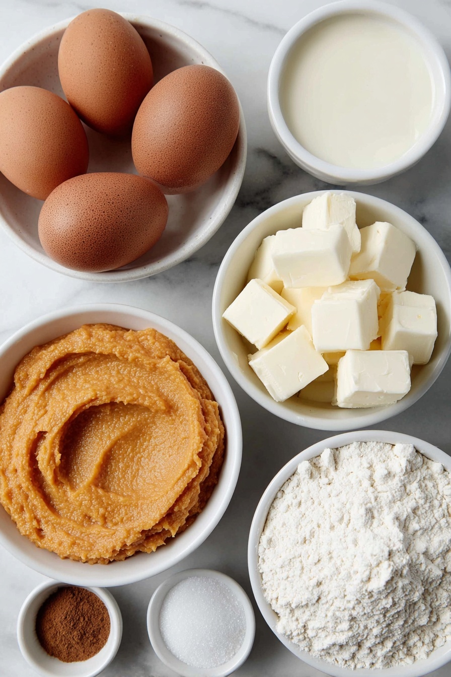 Flat lay of a small white ceramic bowl filled with smooth bright orange butternut squash puree, a small white ceramic bowl holding thick creamy sweetened condensed milk, two large whole uncracked brown eggs with clean shells, a small white ceramic bowl with ground cinnamon powder, a small white ceramic bowl containing ground ginger powder, a small white ceramic bowl with ground nutmeg, a small white ceramic bowl of ground cloves, a small white ceramic bowl with freshly ground black pepper, a small white ceramic bowl of fine salt, a small white ceramic bowl with unbleached all-purpose flour, a small white ceramic bowl filled with granulated sugar, neat small cubes of cold unsalted butter arranged directly on the white marble surface — all ingredients fresh and natural, perfectly balanced and symmetrical, placed on a clean white marble surface, soft natural light, photo taken with an iPhone, professional food photography style, fresh ingredients, white ceramic bowls, no bottles, no duplicates, no utensils, no packaging --ar 2:3 --v 7 --p m7354615311229779997 - Butternut Squash Pie, Autumn Pie Recipes, Fall Dessert Ideas, Cozy Pumpkin Pies, Seasonal Pumpkin Desserts
