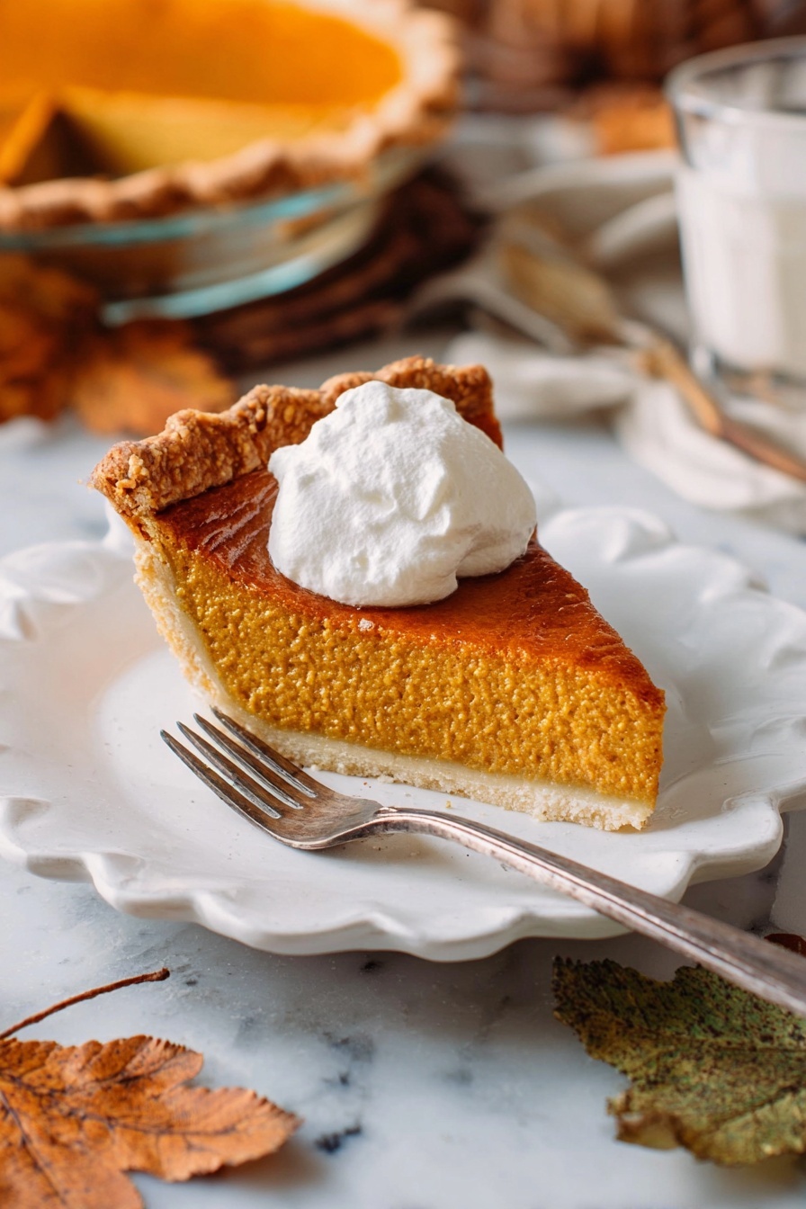 A slice of pumpkin pie is placed on a white plate with scalloped edges, showing three layers: the bottom crust is pale beige and slightly rough, the middle layer is thick and smooth in orange, and the top layer is a shiny, darker orange with a slightly glossy finish. On top of the pie sits a dollop of whipped cream, off-white with a fluffy, soft texture. A silver fork rests on the edge of the plate, reflecting light subtly. In the background, there is more pumpkin pie in a glass pie dish and some autumn leaves scattered on a white marbled surface. The photo taken with an iphone --ar 2:3 --v 7 - Butternut Squash Pie, Autumn Pie Recipes, Fall Dessert Ideas, Cozy Pumpkin Pies, Seasonal Pumpkin Desserts