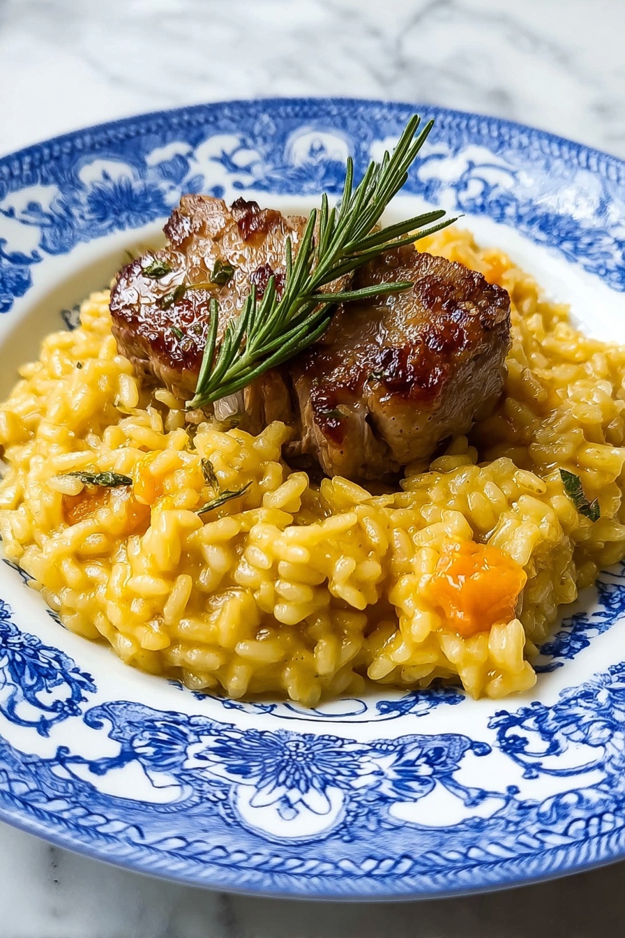 A bowl of creamy risotto with orange pieces of roasted pumpkin mixed throughout the rice. The risotto has a soft, slightly glossy texture giving it a rich look, with small green herb bits scattered inside. On top, there is a light layer of grated white cheese that adds a fine, feathery detail. The dish is served in a white bowl with a pale peach inner surface sitting on a dark blue woven mat, and a silver spoon is partially visible on the right side. photo taken with an iphone --ar 2:3 --v 7 - Butternut Squash Risotto with Saffron, Autumn Vegetable Risotto, Creamy Butternut Squash Risotto, Saffron Risotto Recipes, Cozy Fall Dinner Ideas