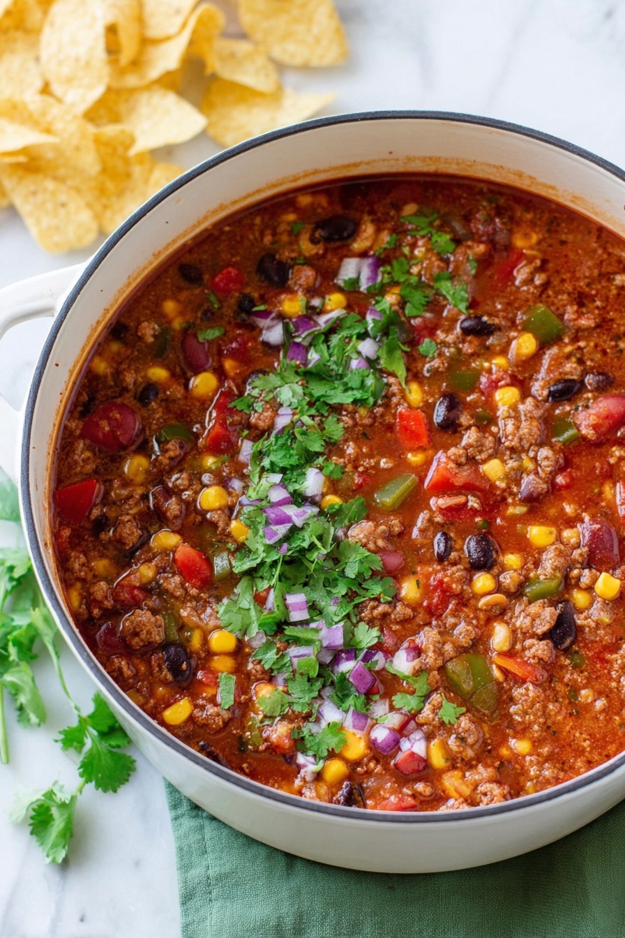 A white pot filled with chili showing layers of rich red sauce, mixed with ground meat, black beans, pinto beans, diced red and green peppers, yellow corn kernels, and small pieces of onion. The top is sprinkled with fresh green cilantro leaves and finely chopped purple onion pieces. The pot sits on a green cloth on a white marbled surface, with some light yellow potato chips loosely piled in the background. Photo taken with an iphone --ar 2:3 --v 7 - Hearty Taco Soup, Taco Soup Recipe, Easy Taco Soup, Flavorful Taco Soup, Comforting Taco Soup