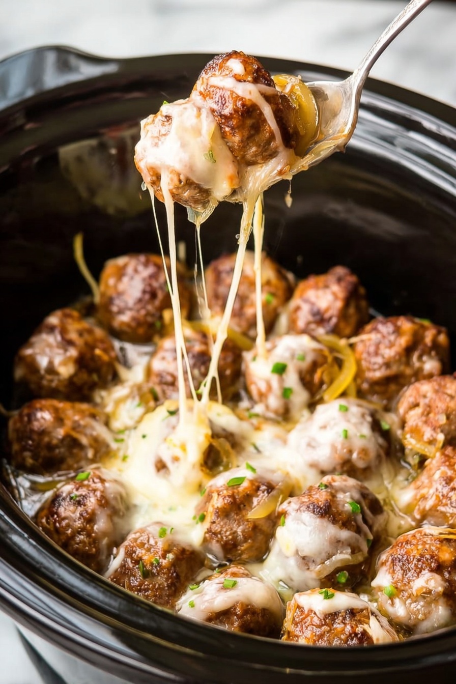 The image shows a round black slow cooker filled with small, browned meatballs covered in melted white cheese, with some thin, yellow cooked onion slices mixed in. The cheese looks stretchy as a silver spoon lifts several meatballs and onions out of the cooker, creating long melted cheese strings. The meatballs are arranged in a circle inside the slow cooker. Some small green herb pieces are sprinkled on the meatballs. The background is a white marbled texture. Photo taken with an iphone --ar 2:3 --v 7 - French Onion Meatballs, slow cooker meatball recipes, easy comfort dinner, savory onion meatballs, French onion supper ideas