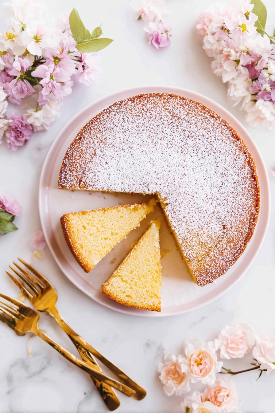 A round cake with a golden brown top dusted evenly with powdered sugar sits on a white plate. Two slices are taken out and placed partly overlapping inside the cake’s empty space, showing a soft, light yellow inside with a slightly shiny texture. Around the plate are clusters of light pink and white flowers and a set of gold forks on a white marbled surface. The photo taken with an iphone --ar 2:3 --v 7 - French Butter Cake, buttery tender cake, easy French cake recipe, moist butter cake, bakery-style cake
