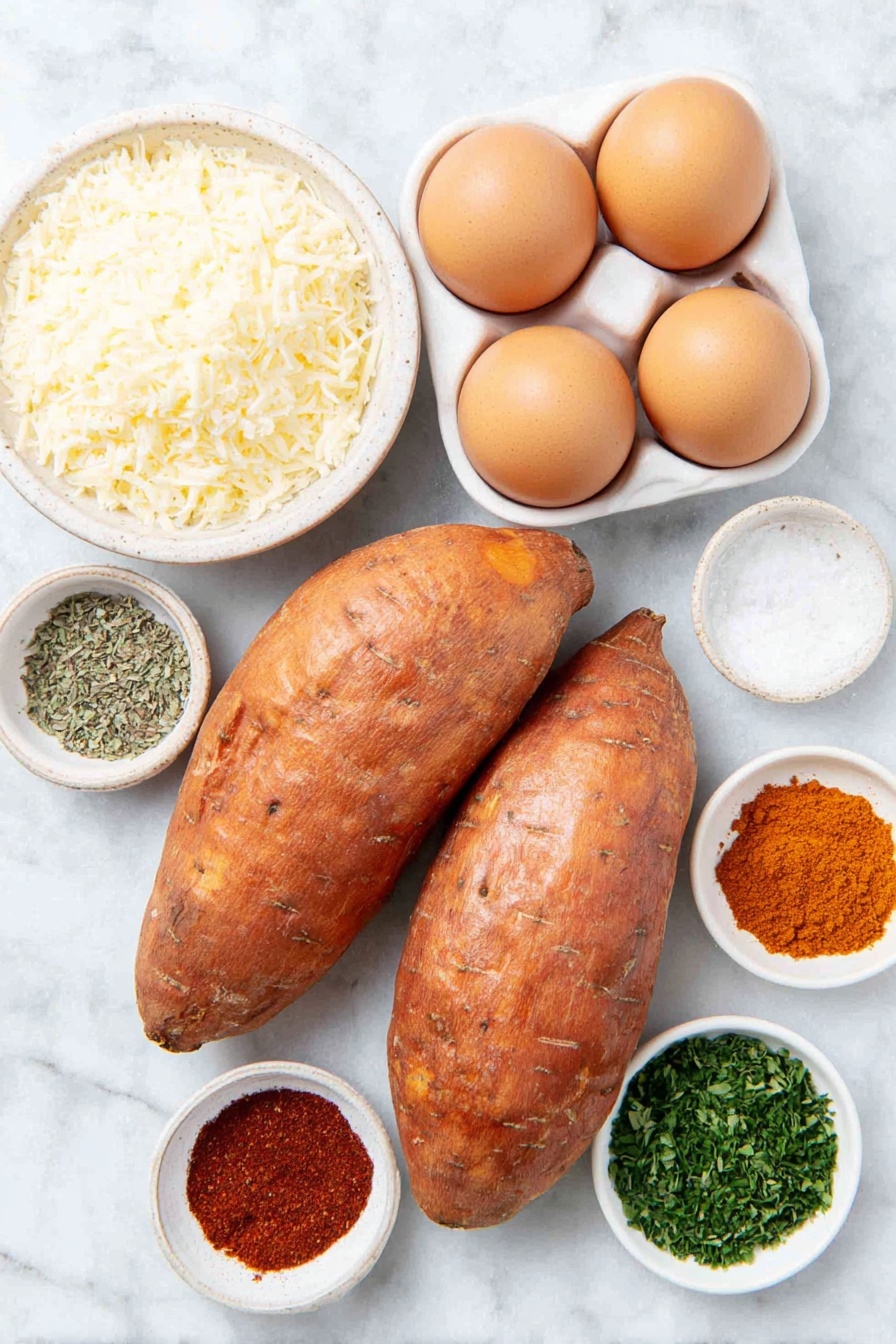 Flat lay of two large whole sweet potatoes with bright orange skin, three whole uncracked brown eggs, a small white ceramic bowl filled with finely grated pale yellow Parmesan cheese, a small white bowl containing coarse salt crystals, another small white bowl with coarse ground black pepper, a small white bowl with fine garlic powder, a small white bowl holding dried green parsley flakes, a small white bowl containing dried oregano leaves, a small white bowl with vibrant red paprika powder, and a tiny white bowl with deep orange cayenne pepper powder, all arranged in perfect symmetry on a clean white marble surface, soft natural light, photo taken with an iPhone, professional food photography style, fresh ingredients, white ceramic bowls, no bottles, no duplicates, no utensils, no packaging --ar 2:3 --v 7 --p m7354615311229779997 - Garlic Parmesan Sweet Potato Wedges, crispy sweet potato fries, baked sweet potato snacks, healthy garlic parmesan sides, easy sweet potato recipes