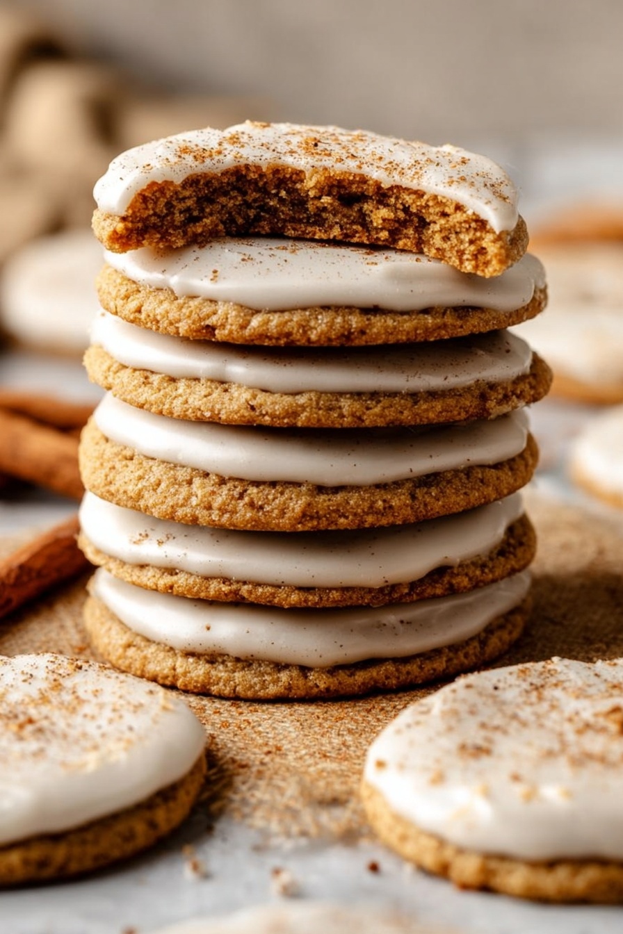 A tall stack of ten golden brown cookies with a smooth white icing layer on top, the top cookie is broken in half showing a soft brown interior. Around the stack, there are more iced cookies placed on a white marbled surface. The cookies have a rough texture with some sprinkled cinnamon on the icing. The scene is warm and cozy with soft lighting. photo taken with an iphone --ar 2:3 --v 7 - Brown Sugar Cookie Tarts, brown sugar cookie tart recipe, cinnamon sugar tart, homemade cookie tarts, chewy buttery dessert