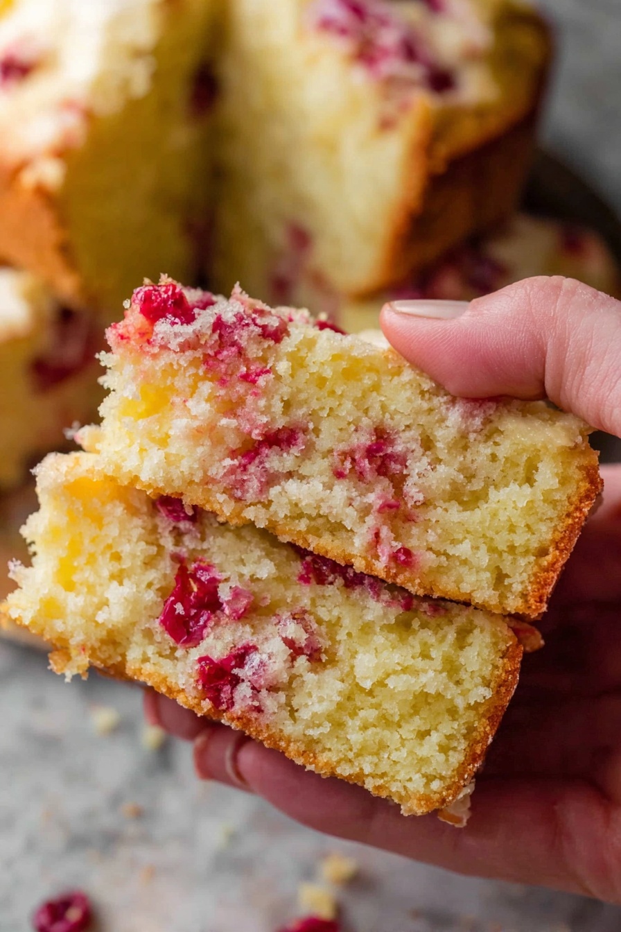 A close-up of a woman's hand holding a piece of golden yellow cake that is broken in half, showing two layers. The cake is moist with a soft crumb texture and has bright red berries scattered through both layers and the top, adding color contrast. The background shows more pieces of the same cake resting on a white marbled surface. The lighting highlights the moist texture and the berries' vibrant red spots photo taken with an iphone --ar 2:3 --v 7 - Cranberry Orange Bread with Glaze, cranberry orange quick bread, citrus cranberry bread, festive holiday bread, easy cranberry orange baking