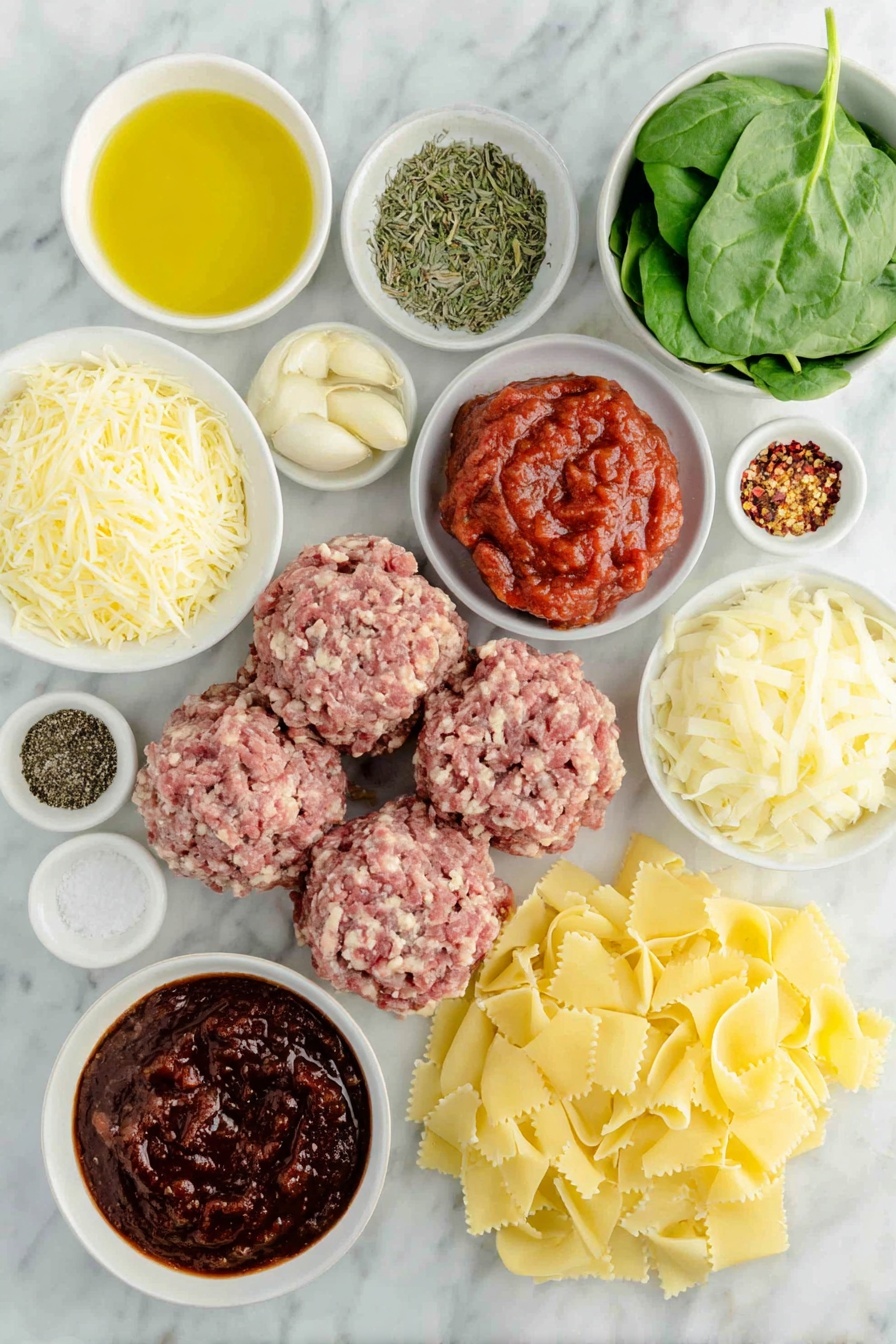 Flat lay of a small pile of lean ground beef, a small pile of Italian ground sausage, a small white ceramic bowl of golden olive oil, a small white ceramic bowl of chopped yellow onion, three peeled garlic cloves, a small white ceramic bowl of deep red tomato paste, a small white ceramic bowl of vibrant red marinara sauce, a small white ceramic bowl with red pepper flakes, a small white ceramic bowl of salt, a small white ceramic bowl of black ground pepper, a small white ceramic bowl of garlic powder, a small white ceramic bowl of crushed dried oregano, a small white ceramic bowl of dried thyme, a small white ceramic bowl filled with clear beef broth, broken pieces of uncooked lasagna noodles, a small pile of fresh baby spinach leaves, a small mound of shredded parmesan cheese, a small mound of fresh ricotta cheese, a small mound of shredded mozzarella cheese all arranged symmetrically on a clean white marble surface, soft natural light, photo taken with an iPhone, professional food photography style, fresh ingredients, white ceramic bowls, no bottles, no duplicates, no utensils, no packaging --ar 2:3 --v 7 --p m7354615311229779997 - One Pot Lasagna Soup, easy lasagna soup recipe, quick lasagna soup, comforting lasagna soup, hearty one pot pasta soup