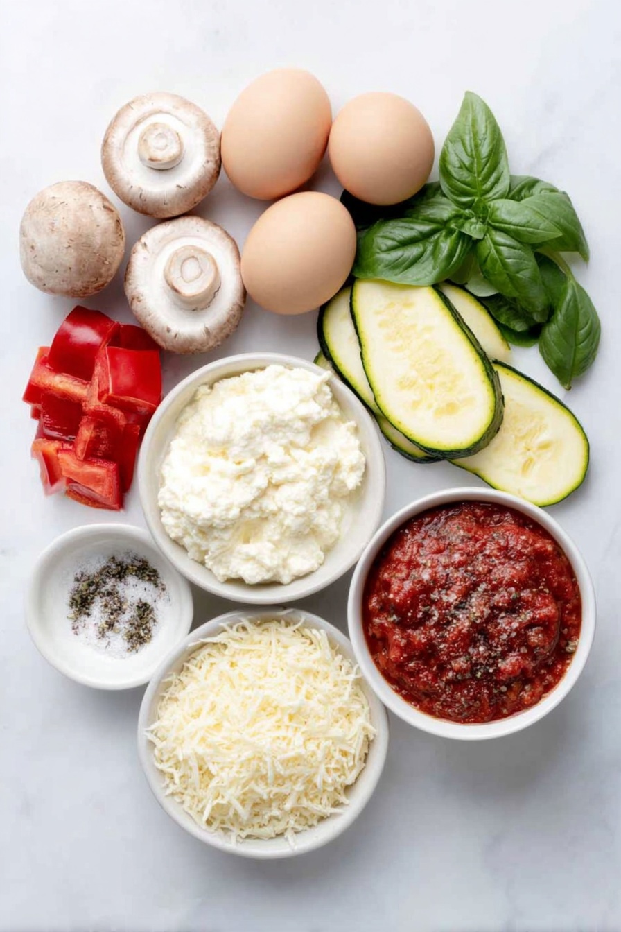 Flat lay of fresh whole cremini mushrooms, one vibrant red bell pepper cut into chunks, a medium zucchini sliced into pieces, half a yellow onion diced, three whole uncracked brown eggs, fresh bright green spinach leaves, three whole white lasagna noodles, small white ceramic bowls containing extra-virgin olive oil, rich marinara sauce, whole milk ricotta cheese mixed with grated garlic and lemon zest, small piles of grated low-moisture mozzarella cheese and grated pecorino cheese, fresh basil leaves arranged neatly for garnish, and a small white bowl of sea salt with freshly ground black pepper, all arranged in perfect symmetry on a simple white ceramic surface placed on a clean white marble surface, soft natural light, photo taken with an iPhone, professional food photography style, fresh ingredients, white ceramic bowls, no bottles, no duplicates, no utensils, no packaging --ar 2:3 --v 7 --p m7354615311229779997 - Vegetarian Roasted Vegetable Lasagna, vegetarian lasagna recipe, roasted vegetable lasagna, veggie lasagna, plant-based lasagna dish