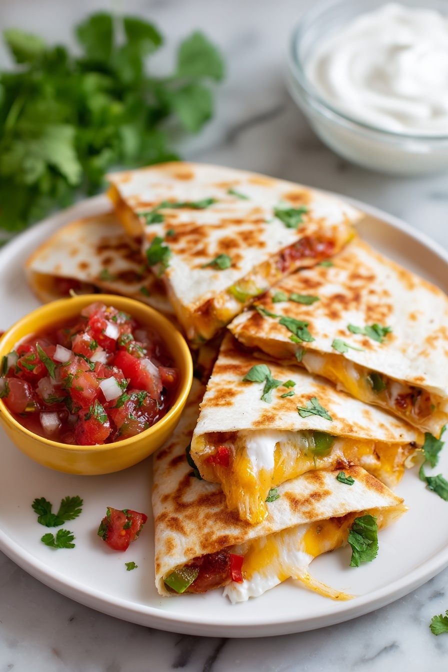 The image shows a white plate holding four triangular pieces of golden brown quesadilla with melted cheese oozing out and bits of green and red peppers inside. There is a small yellow bowl with red tomato salsa that has chopped tomatoes, onions, green peppers, and cilantro, placed next to the quesadilla. Fresh cilantro leaves are scattered around the plate for garnish, and there is a glass bowl with sour cream blurred in the background on a white marbled surface. The photo is taken with an iphone --ar 2:3 --v 7 - Cheese Quesadilla, quick cheese quesadilla, easy cheese quesadilla, cheesy snack recipe, crispy quesadilla