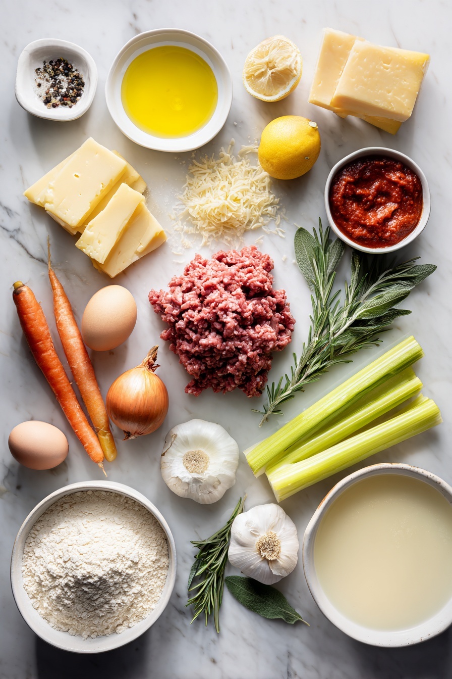 Flat lay of a small white ceramic bowl of golden olive oil, a pile of fresh raw ground beef, a pile of fresh raw ground pork, small irregular chunks of fresh pancetta, two small whole brown onions with papery skins, two fresh orange carrots with green tops trimmed, two crisp green celery stalks, six peeled whole garlic cloves, four big sprigs of fresh rosemary, a few fresh sage leaves, a small white ceramic bowl of thick red tomato paste, a small white ceramic bowl of pale golden white wine, a small white ceramic bowl of light golden chicken stock, a small white ceramic bowl of creamy whole milk, a fresh lemon cut in half with one half showing bright yellow pulp, a mound of fine pale '00' flour, a smaller mound of pale yellow semola flour, three whole brown eggs with clean uncracked shells, a slab of rich yellow butter, a small white ceramic bowl of plain flour, a wedge of parmesan with some finely crumbled pieces beside it, a fresh lemon with bright zest scattered neatly, fresh black peppercorns and sea salt crystals artistically arranged, and a neat stack of fresh wide rectangular pasta sheets made from the '00' flour placed on a clean white marble surface, soft natural light, photo taken with an iPhone, professional food photography style, fresh ingredients, white ceramic bowls, no bottles, no duplicates, no utensils, no packaging --ar 2:3 --v 7 --p m7354615311229779997 - Ultimate Bolognese Lasagne, homemade lasagne, Italian lasagne recipe, slow-cooked Bolognese, classic lasagne dish
