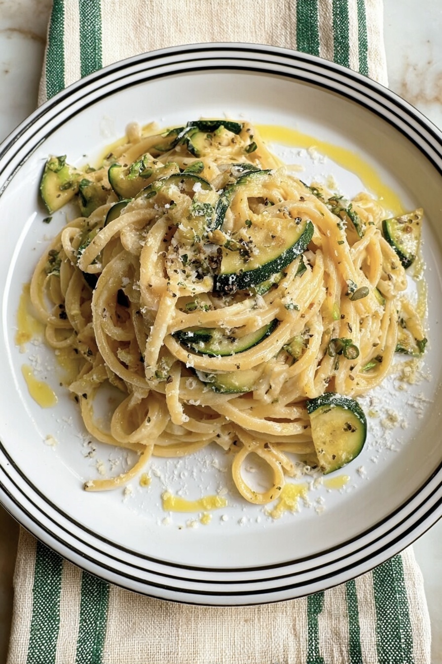 The dish is a plate of pasta with three main layers. The bottom layer is flat and wide white noodles, spread evenly across the white plate with rounded bead-like edges. The middle layer consists of green zucchini ribbons mixed throughout the noodles, adding thin, curved green shapes with white and dark green stripes. The top layer is a creamy sauce covering the noodles and zucchini, light beige in color with a slightly grainy texture, sprinkled with fine, pale grated cheese. There is also a small bunch of fresh bright green basil leaves placed on the top edge of the plate. The plate sits on a white marbled surface. photo taken with an iphone --ar 2:3 --v 7 - Creamy Zucchini Pasta with Basil and Pesto, zucchini pasta with basil and pesto, summer zucchini pasta recipe, easy creamy vegetable pasta, healthy zucchini pasta dish