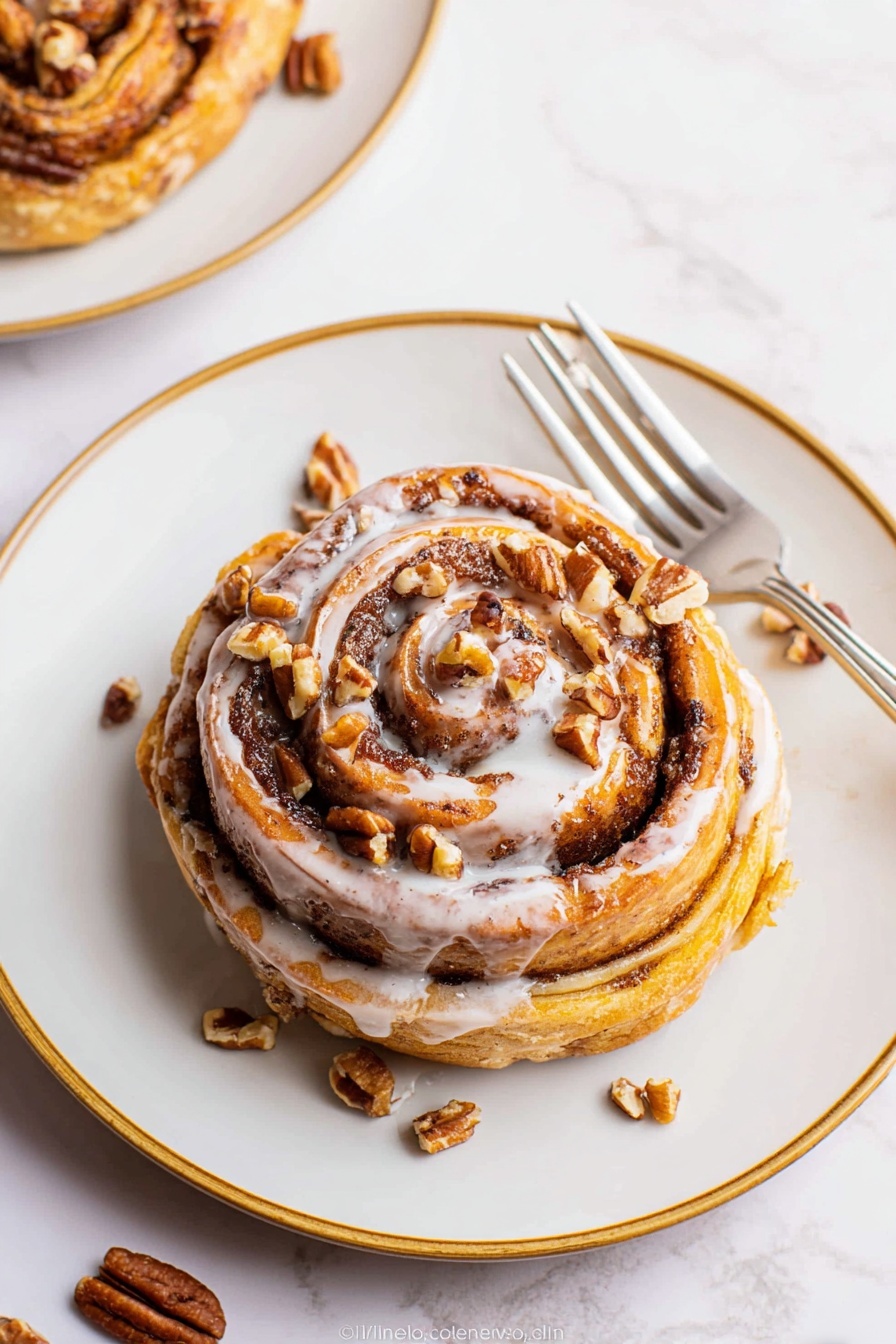 A single cinnamon roll sits in the center of a round white plate with a thin gold rim, placed on a white marbled surface. The cinnamon roll has multiple visible swirls of light golden dough and dark brown cinnamon filling, creating a spiral pattern from the base to the top. On the top surface, there are small pieces of pecan nuts scattered unevenly along with a drizzle of white icing that runs over the roll and pools slightly on the plate. To the right side of the plate, a silver fork rests partially on the plate and surface. In the top left corner, another cinnamon roll is partially visible. The photo was taken with an iphone --ar 2:3 --v 7 - Pumpkin Cinnamon Roll Muffins, pumpkin muffin recipes, fall breakfast ideas, cinnamon muffin treats, easy pumpkin baked goods