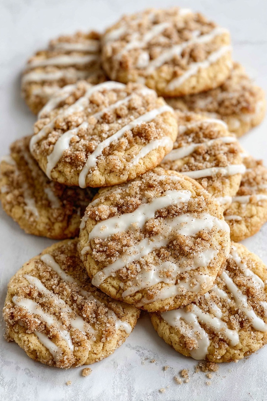 A single round cookie with a light brown base sits on a crinkled white sheet, sprinkled with crumbly, darker brown streusel bits scattered mostly in the center. A thin layer of white icing is drizzled across the cookie in uneven, slightly shiny lines, covering both the streusel and cookie surface. There are small crumbs around the cookie on the sheet, adding texture to the scene. The background is a white marbled texture photo taken with an iphone --ar 2:3 --v 7 - Cinnamon Coffee Cake Cookies, cinnamon coffee cake cookies, easy coffee cake cookies, cinnamon cookie recipe, sweet breakfast cookies