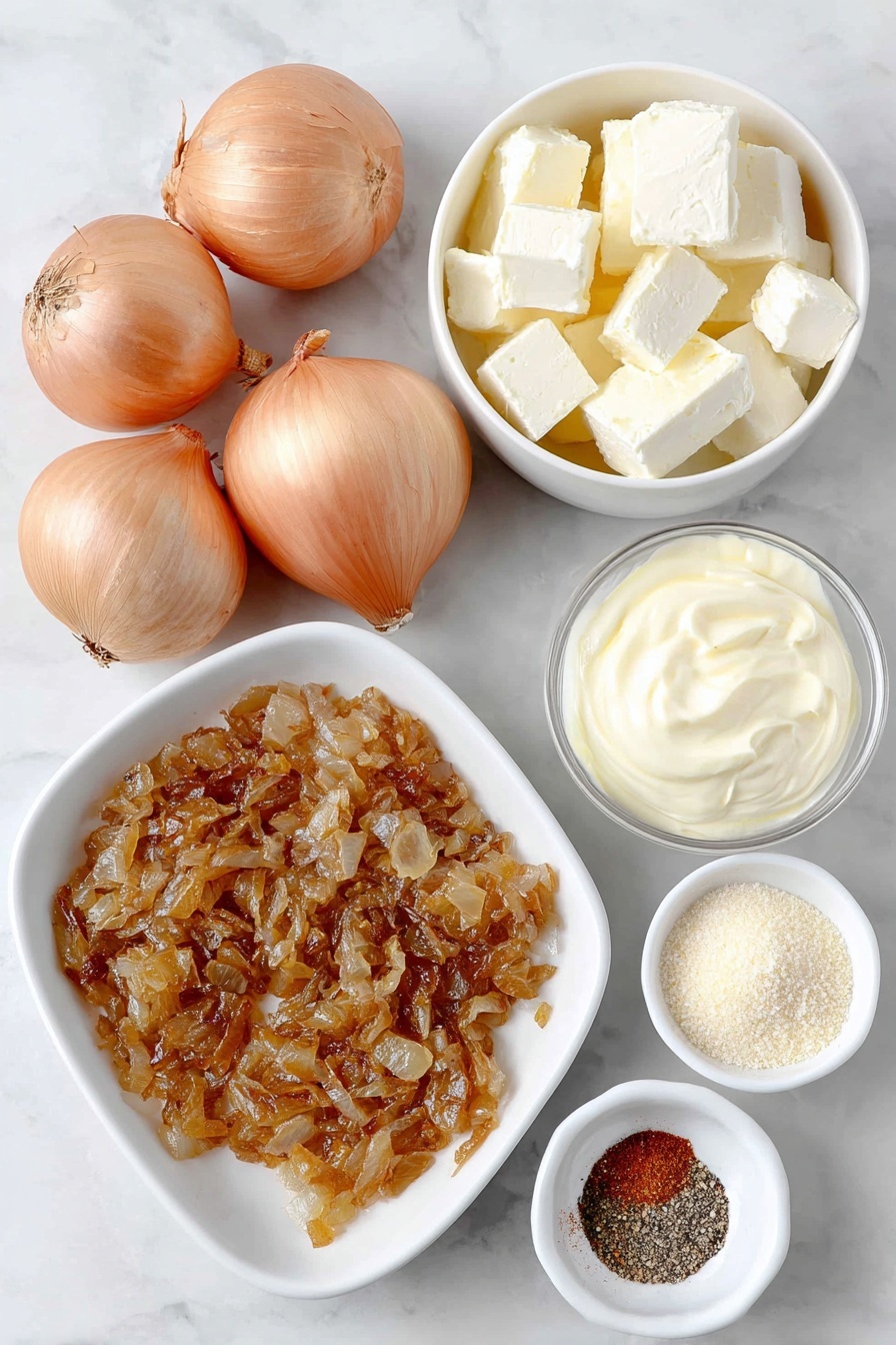 Flat lay of a few small golden-brown caramelized onions diced, three whole brown onions unpeeled, a small white ceramic bowl with cold cream cheese cubes, a small white ceramic bowl with thick sour cream, a small white ceramic bowl with smooth whole egg mayonnaise, a few small cubes of pale yellow butter, a small white ceramic bowl with coarse black pepper, a small white ceramic bowl with salt, a small white ceramic bowl with reddish cayenne pepper powder, a small white ceramic bowl with light beige onion powder, all arranged in perfect symmetry and balanced proportions, placed on a clean white marble surface, soft natural light, photo taken with an iPhone, professional food photography style, fresh ingredients, white ceramic bowls, no bottles, no duplicates, no utensils, no packaging --ar 2:3 --v 7 --p m7354615311229779997 - Homemade French Onion Dip, easy French onion dip, creamy onion dip recipe, homemade party dip, savory onion dip for snacks