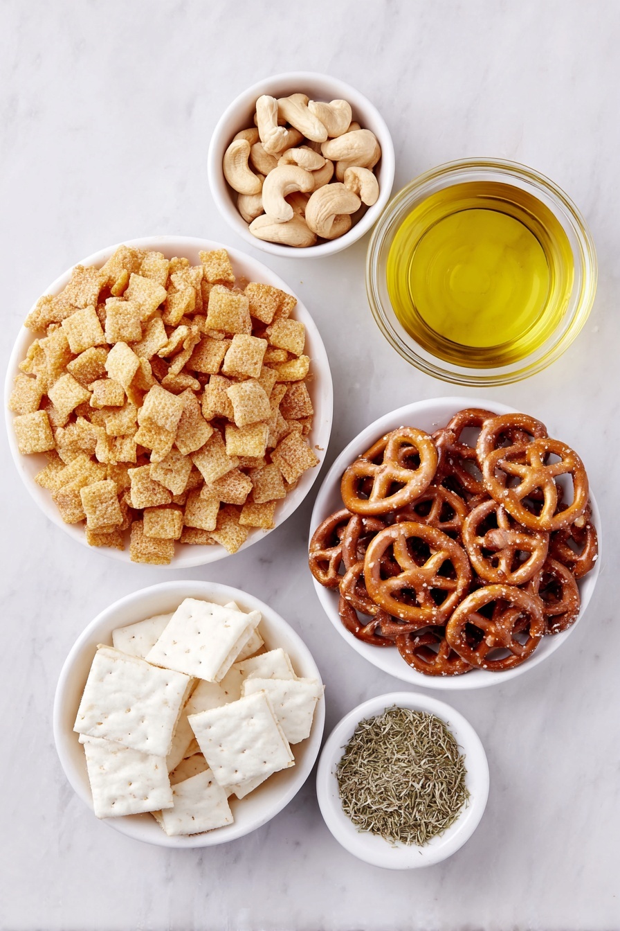 Flat lay of corn squares cereal scattered loosely, wheat squares cereal in a small white ceramic bowl, mini pretzels heaped naturally on a white ceramic plate, rustic pumpernickel chips arranged in a fan on a white ceramic dish, white cheddar cheese crackers casually piled in a small white bowl, a handful of raw cashews in another white ceramic bowl, a small white bowl filled with golden canola oil, a small white bowl containing translucent dill pickle juice, a neat pile of dried dill sprigs, a small heap of pale garlic powder, and a small white bowl holding light beige ranch dressing seasoning powder, all arranged with perfect symmetry and realistic proportions, placed on a clean white marble surface, soft natural light, photo taken with an iPhone, professional food photography style, fresh ingredients, white ceramic bowls, no bottles, no duplicates, no utensils, no packaging --ar 2:3 --v 7 --p m7354615311229779997 - Dill Pickle Snack Mix, Dill Pickle Snack Mix Recipe, Tangy Snack Mix, Homemade Snack Mix, Crunchy Dill Snack Mix