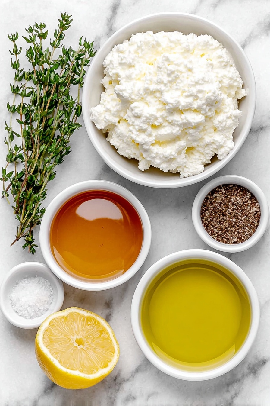 Flat lay of a small white ceramic bowl filled with fresh whole milk ricotta cheese, a small white ceramic bowl of golden honey with a smooth surface, a small white ceramic bowl of extra-virgin olive oil shimmering softly, a few sprigs of fresh green thyme leaves, a small white ceramic bowl containing fine white sea salt, a small white ceramic bowl with freshly cracked black pepper, and a half lemon showing bright yellow zest, all arranged symmetrically and balanced, placed on a clean white marble surface, soft natural light, photo taken with an iPhone, professional food photography style, fresh ingredients, white ceramic bowls, no bottles, no duplicates, no utensils, no packaging --ar 2:3 --v 7 --p m7354615311229779997 - Whipped Ricotta Honey Dip, creamy cheese dip, easy appetizer recipes, party dip ideas, sweet and savory dips