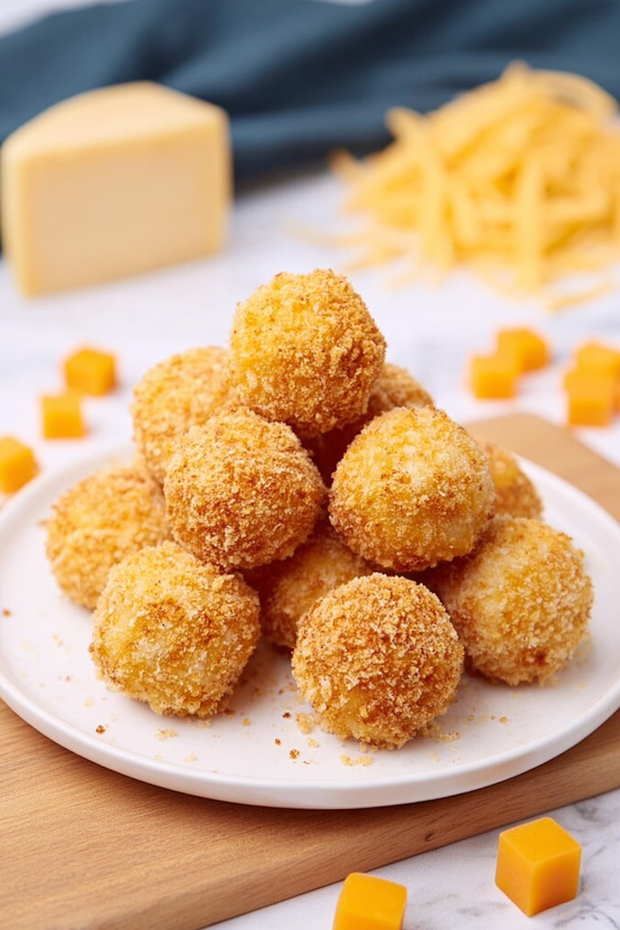 The image shows a white plate with a pile of round, golden-brown balls that look crispy on the outside with a crumbly texture. Each ball is evenly coated with breadcrumbs that create a rough surface. The plate sits on a light wooden board, which rests on a white marbled surface. Scattered around the plate are small cubes of bright orange cheese and some uncooked pasta, with a block of cheese blurred in the background. The overall look is warm and inviting, with a nice contrast between the golden balls and the white plate. photo taken with an iphone --ar 2:3 --v 7 - Baked Mac and Cheese Bites, cheesy snack recipes, party appetizer ideas, baked cheese snacks, crispy mac and cheese bites
