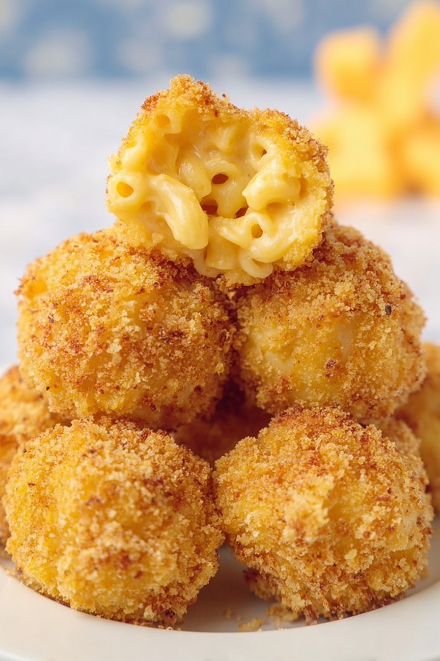 The image shows a pile of six crispy, round macaroni and cheese balls on a white plate, stacked closely together. The balls have a golden-brown, crunchy breadcrumb crust covering them completely. One ball on the top is cut in half, revealing creamy, pale yellow macaroni pasta inside with a smooth, cheesy texture. The background is a blurred white marbled surface with hints of yellow cheese shapes in soft focus. Photo taken with an iphone --ar 2:3 --v 7 - Baked Mac and Cheese Bites, cheesy snack recipes, party appetizer ideas, baked cheese snacks, crispy mac and cheese bites