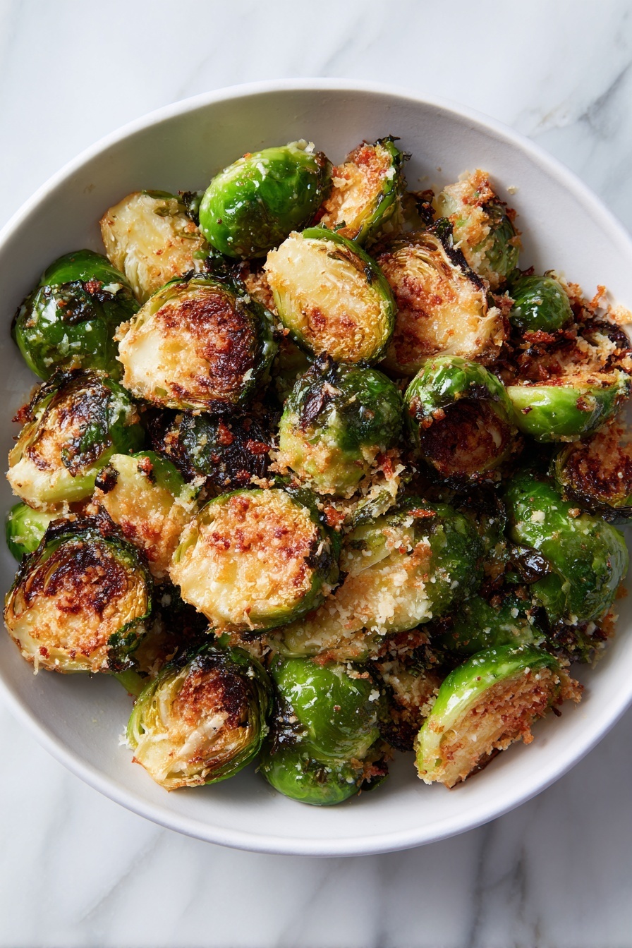 A white oval plate holds one layer of roasted Brussels sprouts mixed with crispy, golden brown cheese crisps. The Brussels sprouts are bright green with some charred grill marks and the cheese crisps have an irregular round shape with a crunchy texture. Next to the plate is a white baking tray with a blue rim, showing more cheese crisps stuck to its surface and a metal spatula resting on it. The background is a white marbled surface with some stray crumbs scattered around, and a folded pink cloth is partly visible at the edge of the scene. Photo taken with an iphone --ar 2:3 --v 7 - Crispy Parmesan Brussels Sprouts, Brussels Sprouts Side Dish, Easy Brussels Sprouts Recipe, Garlic Parmesan Brussels Sprouts, Crunchy Brussels Sprouts