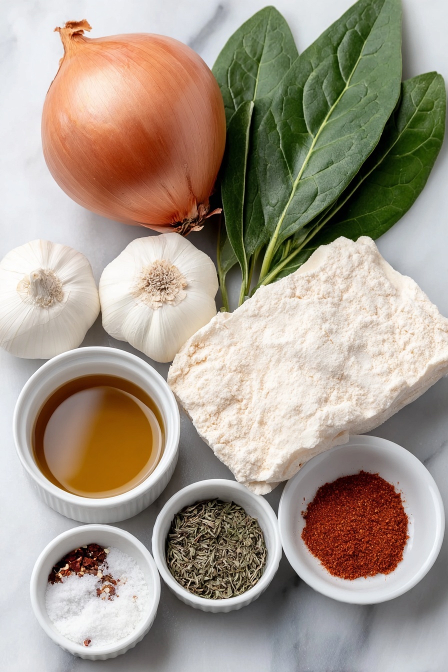 Flat lay of a whole medium golden brown onion, a few fresh dark green spinach leaves loosely piled, three uncracked garlic cloves with smooth white skins, a small mound of golden nutritional yeast flakes, a small white ceramic bowl of clear golden olive oil, a small white ceramic bowl of amber maple syrup, a small white ceramic bowl of dried red chili flakes, a small white ceramic bowl with finely ground black pepper, a small white ceramic bowl with dried thyme leaves, a small white ceramic bowl of fine white salt, a small white ceramic bowl containing pale beige ground nutmeg powder, and a neatly folded pale beige sheet of puff pastry, all arranged with perfect symmetry on a clean white marble surface, soft natural light, photo taken with an iPhone, professional food photography style, fresh ingredients, white ceramic bowls, no bottles, no duplicates, no utensils, no packaging --ar 2:3 --v 7 --p m7354615311229779997 - Vegan Caramelized Onion Spinach Puff Pastry, vegan savory puff pastry, caramelized onion spinach tart, plant-based puff pastry recipes, easy vegan appetizer