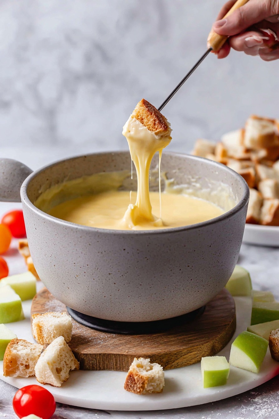 A pot of smooth, creamy yellow cheese fondue sits in the center on a round wooden board placed over a white marble surface. The fondue pot has light gray edges and a handle wrapped with a beige cloth. Around it, chunks of golden toasted bread rest on a white plate, with a few pieces scattered on the marble surface next to wooden skewers. On the lower right, bright green apple pieces and shiny red grape tomatoes are spread on a white plate, adding fresh colors to the setup. Photo taken with an iphone --ar 2:3 --v 7 - Ultimate Cheese Fondue, cheese fondue, cheese fondue recipe, creamy cheese fondue, classic cheese fondue