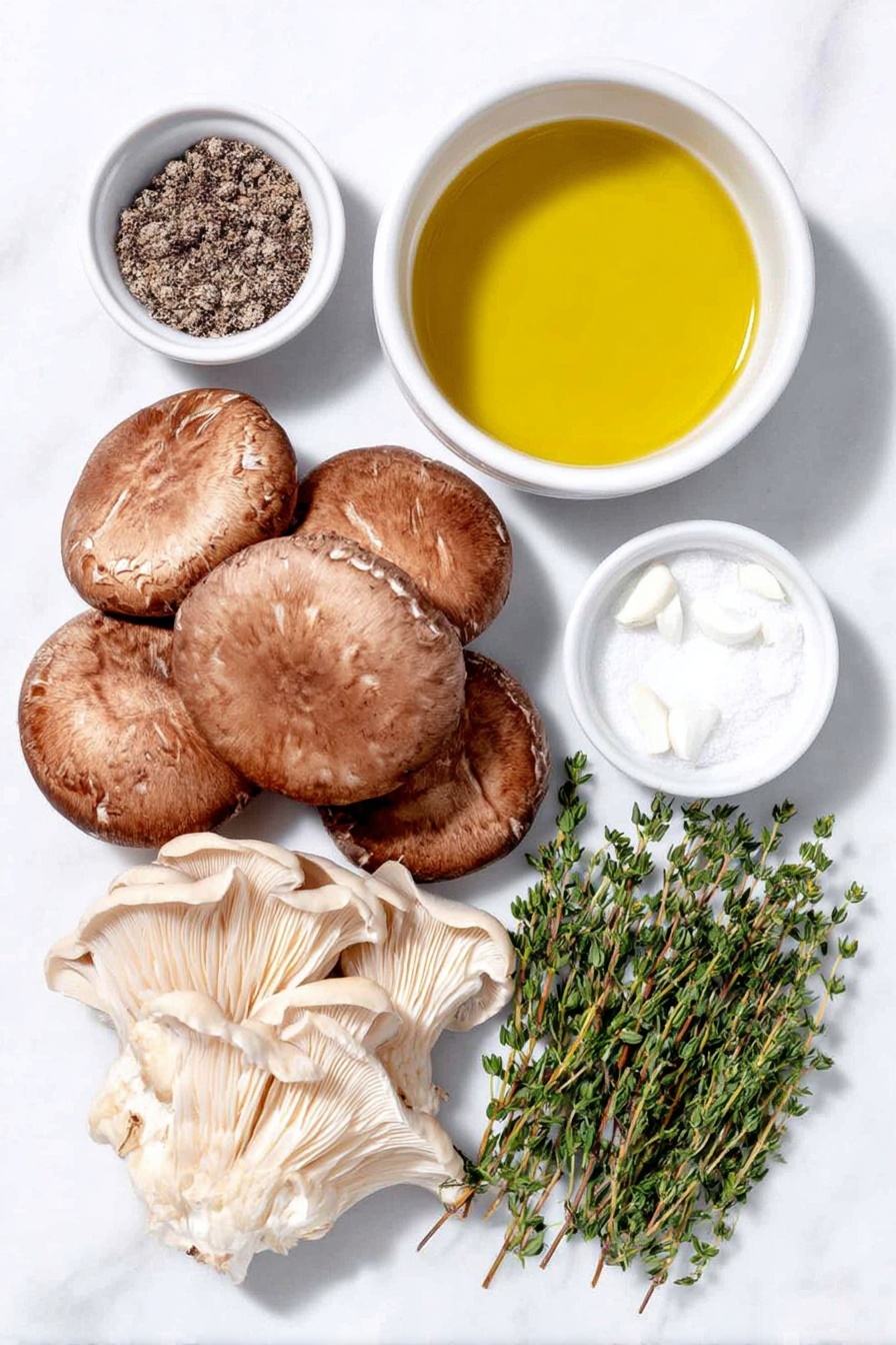 Flat lay of fresh whole chestnut mushrooms with smooth brown caps, fresh whole shiitake mushrooms showing their umbrella-shaped tan tops, fresh whole oyster mushrooms with gentle ruffled edges, a small white bowl filled with golden olive oil, a small white bowl with coarse black peppercorns, a small white bowl of fine white salt, three whole uncracked garlic cloves with papery skins, and five vibrant green sprigs of fresh thyme all arranged symmetrically in a balanced layout, placed on a clean white marble surface, soft natural light, photo taken with an iPhone, professional food photography style, fresh ingredients, white ceramic bowls, no bottles, no duplicates, no utensils, no packaging --ar 2:3 --v 7 --p m7354615311229779997 - Crispy Garlic Thyme Roast Mushrooms, roasted mushroom side dish, garlic thyme mushroom recipe, crunchy roasted mushrooms, easy mushroom recipes