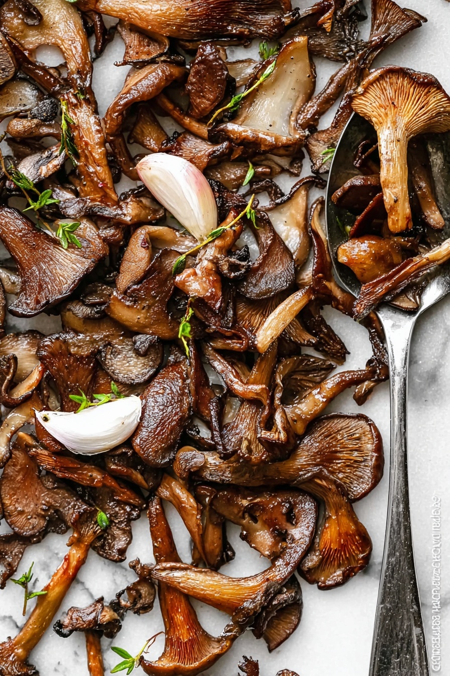 The image shows a flat layer of cooked mixed mushrooms spread out on a gray metal baking sheet, placed over a surface with a white marbled texture. The mushrooms vary in size and shape, with some sliced and others whole or halved, in shades of brown with a glossy, slightly oily look. Scattered among the mushrooms are thin slices of white garlic and small sprigs of green thyme, adding contrast and detail to the earthy tones. The mushrooms have a slightly crisp, browned texture on the edges, showing they were roasted or sautéed evenly. photo taken with an iphone --ar 2:3 --v 7 - Crispy Garlic Thyme Roast Mushrooms, roasted mushroom side dish, garlic thyme mushroom recipe, crunchy roasted mushrooms, easy mushroom recipes