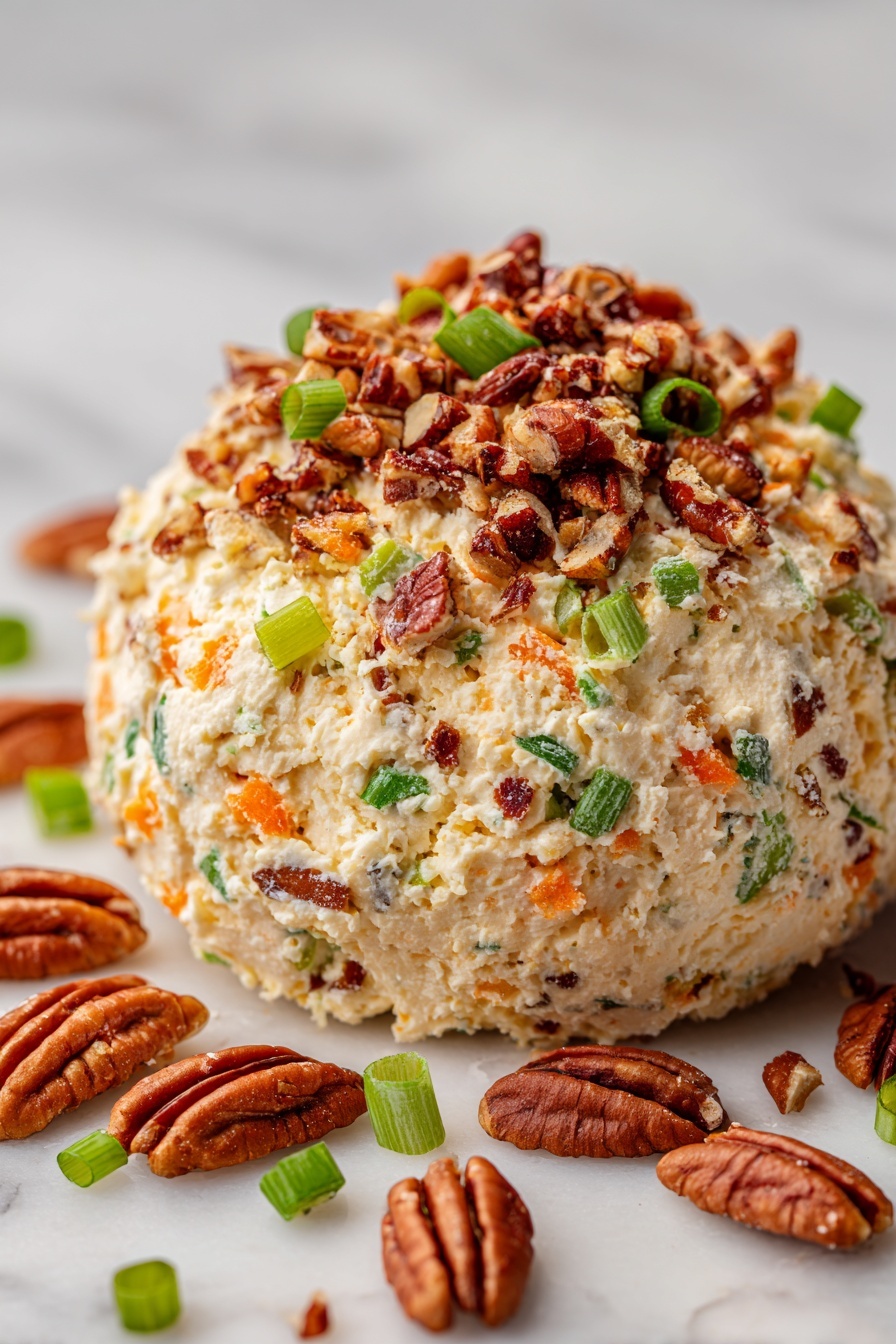 A close-up image shows a small round golden cracker being held between the thumb and fingers of a person's hand. On top of the cracker, there is a thick layer of creamy white cheese mixed with small pieces of green celery, orange carrot, and bits of nuts, giving the cheese a textured, chunky look. In the blurred background, more of the same cheese mixture is visible on a larger round block, along with several more golden crackers. The entire scene is set on a white marbled surface. photo taken with an iphone --ar 2:3 --v 7 - Cheese Ball with Pecans, easy cheese ball appetizer, party cheese ball, creamy cheese ball recipe, pecan coating cheese ball