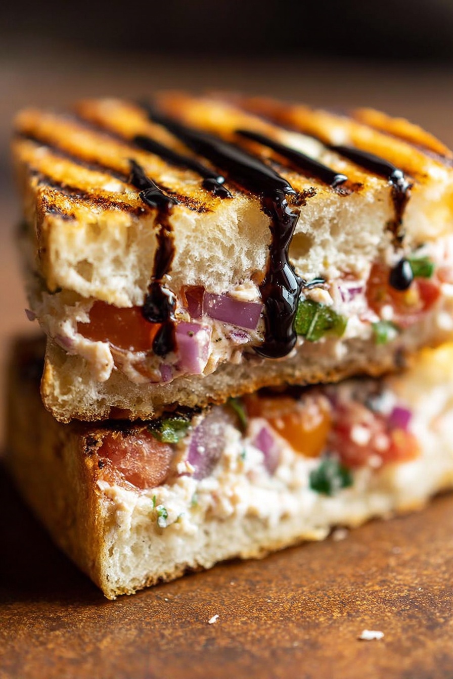 A close-up view of a small sandwich with three layers of bread and filling. The top and bottom layers are toasted bread with grill marks, showing a light golden-brown color and a soft, porous texture. Between the bread layers, the filling includes a mix of diced red onions, chopped tomatoes, and fresh green herbs, all mixed with a creamy white spread. On top of the sandwich, a thick dark balsamic sauce is drizzled in two lines. The sandwich is placed on a rustic brown surface. photo taken with an iphone --ar 2:3 --v 7 - Bruschetta Grilled Cheese Sandwiches, Italian bruschetta grilled cheese, tomato basil grilled cheese, easy bruschetta sandwich, melted mozzarella sandwich