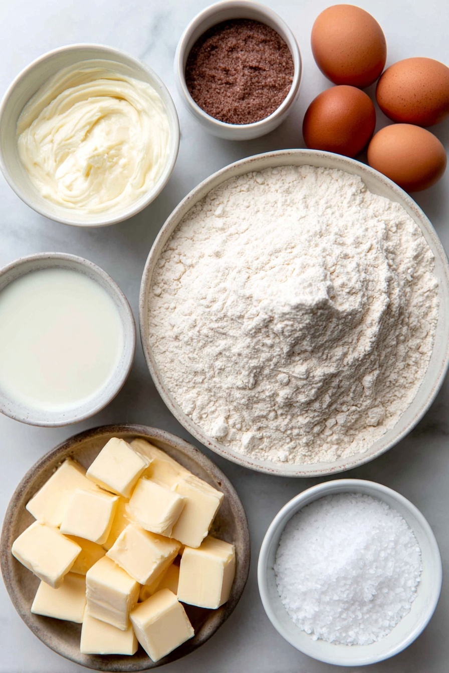 Flat lay of a small mound of fine white all-purpose flour, a small white bowl filled with warm water, a small white bowl containing light brown sugar crystals, two whole brown eggs with clean shells, a small white bowl of melted salted butter, a small white bowl of whole milk, a few grains of fine sea salt scattered neatly, several ½-inch cubes of vibrant orange sharp cheddar cheese, a small white bowl holding coarse sea salt crystals, a small white bowl filled with white baking soda powder, all arranged in perfect symmetry on a clean white ceramic surface, placed on a clean white marble surface, soft natural light, photo taken with an iPhone, professional food photography style, fresh ingredients, white ceramic bowls, no bottles, no duplicates, no utensils, no packaging --ar 2:3 --v 7 --p m7354615311229779997 - Cheese Pretzel Bites, pretzel bites with cheese, cheesy soft pretzels, easy cheese snack, game day pretzel bites