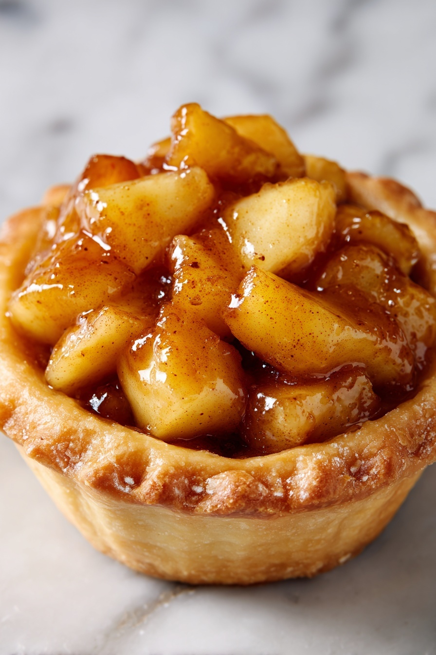 The image shows a close-up of a small pastry with a flaky golden brown crust surrounding a filling of chunky cooked apples. The apples are soft with a warm yellow color, coated in a shiny brown cinnamon-spiced glaze that makes them look juicy and sticky. The filling is packed tightly inside the pastry shell, which has visible layers of crisp dough at the edges. The background is a white marbled texture. Photo taken with an iphone --ar 2:3 --v 7 - Mini Apple Tarts, apple tart recipe, bite-sized apple desserts, easy apple tart instructions, flaky apple tart pastry
