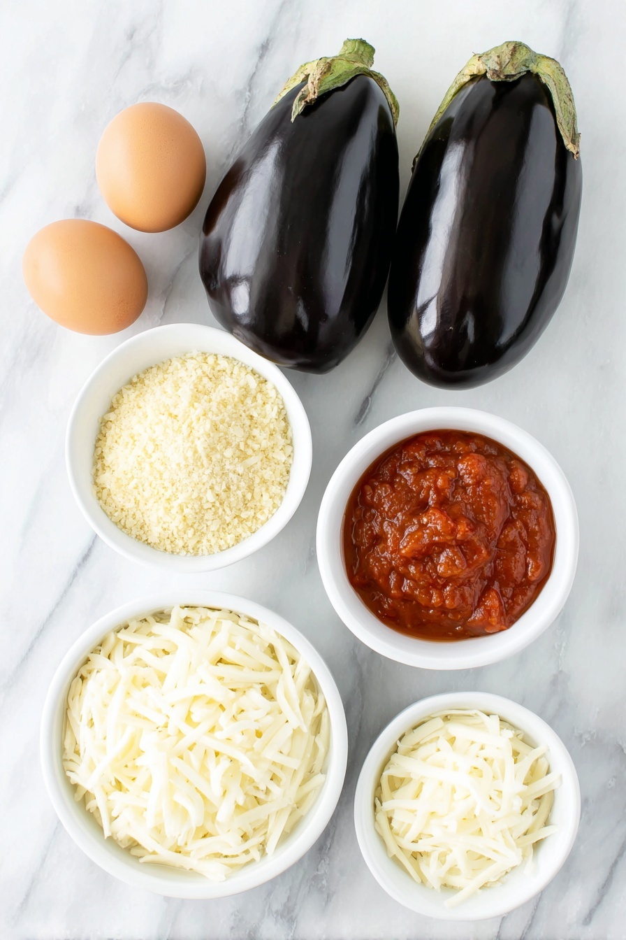 Flat lay of two medium-sized fresh eggplants sliced into thick rounds, two whole brown eggs with clean shells, a small white ceramic bowl filled with golden panko breadcrumbs, a small white ceramic bowl of finely grated parmesan cheese, a small white ceramic bowl with mixed Italian seasoning herbs, a small white ceramic bowl of bright red marinara sauce, a small white ceramic bowl heaped with shredded fresh mozzarella cheese, arranged symmetrically on a clean white marble surface, soft natural light, photo taken with an iPhone, professional food photography style, fresh ingredients, white ceramic bowls, no bottles, no duplicates, no utensils, no packaging --ar 2:3 --v 7 --p m7354615311229779997 - Crispy Eggplant Parmesan Bites, eggplant appetizer, crispy eggplant snacks, Italian eggplant bites, party appetizer ideas