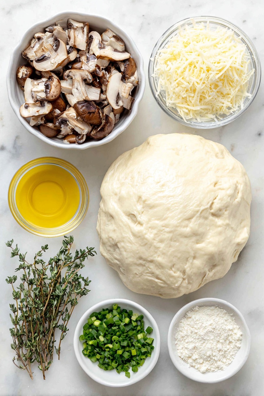 Flat lay of a ball of fresh, smooth pizza dough, a small white ceramic bowl filled with mixed sliced mushrooms including baby bella, button, shiitake, and oyster varieties, a few sprigs of fresh thyme and oregano, a small white bowl with golden olive oil, a small white bowl with fresh lemon juice, irregular crumbles of creamy white goat cheese, a small pile of shredded mozzarella cheese, a small mound of finely chopped vibrant green chives, a small white bowl with coarse kosher salt crystals, and a small white bowl with fine semolina flour, all arranged in perfect symmetry on a clean white marble surface, soft natural light, photo taken with an iPhone, professional food photography style, fresh ingredients, white ceramic bowls, no bottles, no duplicates, no utensils, no packaging --ar 2:3 --v 7 --p m7354615311229779997 - Mushroom Herb Pizza with Goat Cheese, mushroom herb pizza toppings, goat cheese pizza recipe, gourmet mushroom pizza, easy mushroom herb pizza