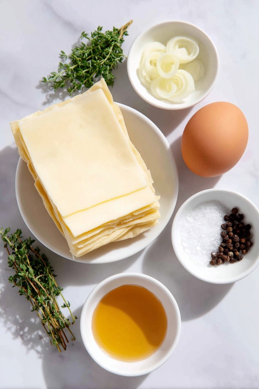 Flat lay of a sheet of thawed puff pastry, a small pile of thinly sliced yellow onion rings, thin slices of pale yellow gruyere cheese stacked neatly, a few bright green fresh thyme sprigs, one whole brown egg with a clean shell, small white bowls containing golden honey, fine grains of salt, and freshly cracked black peppercorns, all arranged symmetrically on simple white ceramic bowls and dishes, placed on a clean white marble surface, soft natural light, photo taken with an iPhone, professional food photography style, fresh ingredients, white ceramic bowls, no bottles, no duplicates, no utensils, no packaging --ar 2:3 --v 7 --p m7354615311229779997 - Upside-Down Onion Gruyere Tarts, savory onion tart recipe, easy gourmet appetizers, caramelized onion tart, cheesy onion tart with Gruyere