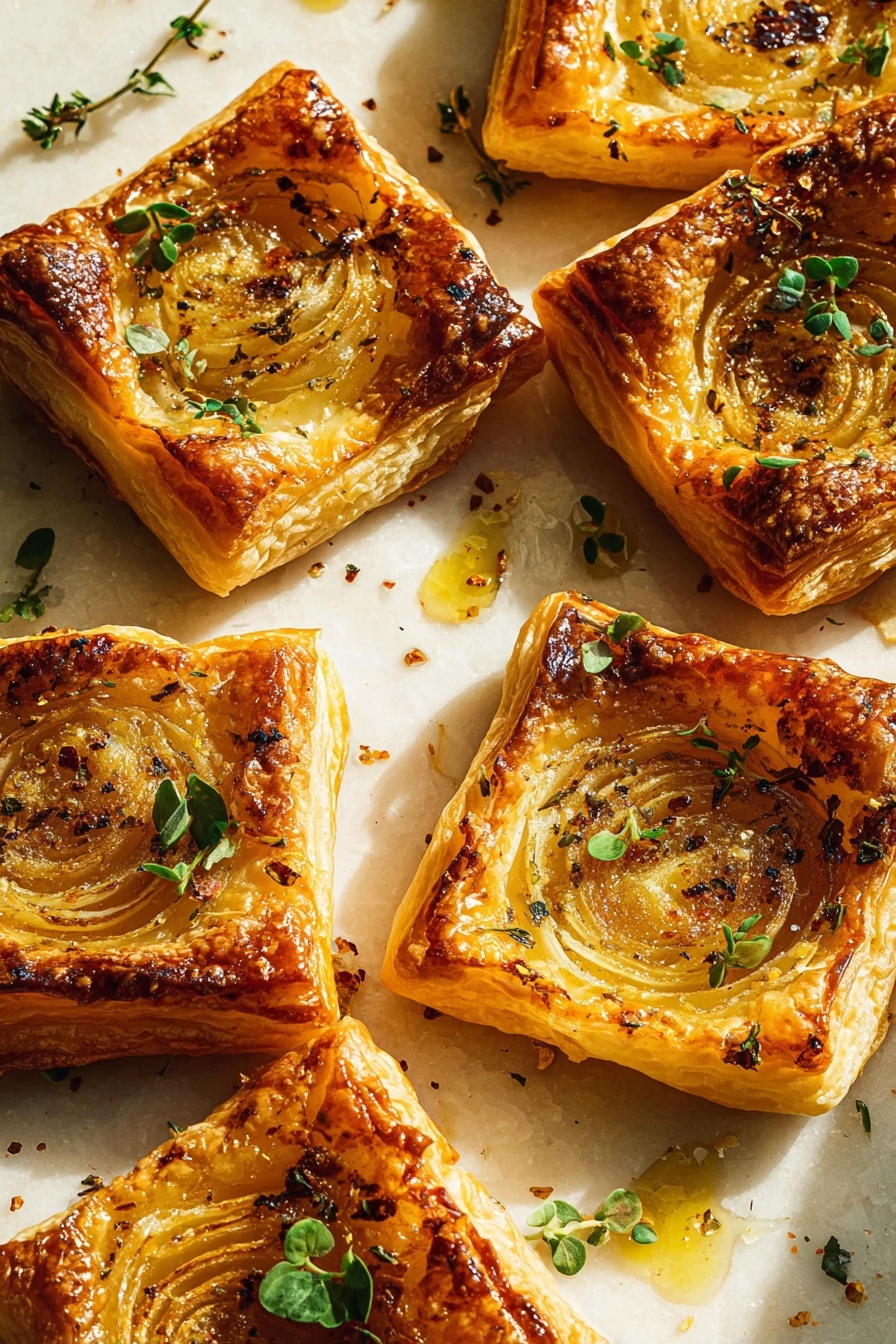 The image shows six square puff pastries, each with a golden brown, crispy, flaky crust. In the center of each pastry is a softened, slightly translucent onion slice with visible layers. The pastries are topped with small, fresh green herb leaves scattered evenly. Around the pastries, drops of golden oil and small spice flakes add shine and texture, resting on a white marbled texture. The lighting creates warm shadows and a cozy atmosphere. Photo taken with an iphone --ar 2:3 --v 7 - Upside-Down Onion Gruyere Tarts, savory onion tart recipe, easy gourmet appetizers, caramelized onion tart, cheesy onion tart with Gruyere