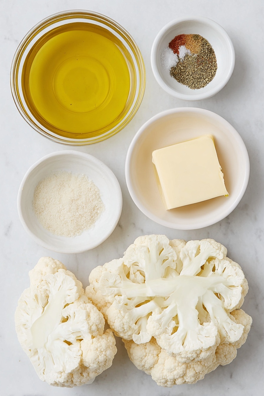 Flat lay of a medium cauliflower head broken into small florets and 1/2-inch thick steaks, a small white ceramic bowl of golden olive oil, a small white ceramic bowl with melted unsalted butter, a small white ceramic bowl with a mix of garlic powder, salt, ground paprika, and ground black pepper, all arranged in perfect symmetry, placed on a clean white marble surface, soft natural light, photo taken with an iPhone, professional food photography style, fresh ingredients, white ceramic bowls, no bottles, no duplicates, no utensils, no packaging --ar 2:3 --v 7 --p m7354615311229779997 - Oven Roasted Cauliflower Steaks, oven roasted cauliflower, cauliflower steak recipe, roasted cauliflower sides, healthy cauliflower appetizer