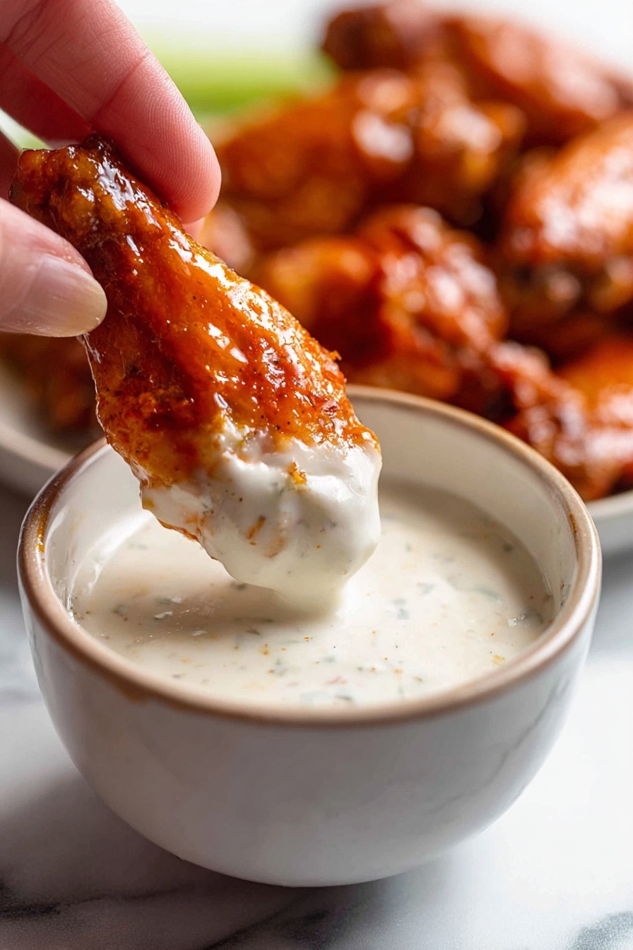 A close-up image showing a woman's hand holding a shiny reddish-brown chicken wing dipped halfway into a creamy white sauce with small lumps, in a white bowl with a smooth rim. The chicken wings in the blurred background have the same shiny reddish-brown color. The surface beneath the bowl and wings is a white marbled texture. The photo taken with an iphone --ar 2:3 --v 7 - Crispy Oven Baked Buffalo Wings, baked buffalo wings, spicy chicken wings, oven crispy chicken wings, healthy buffalo wings