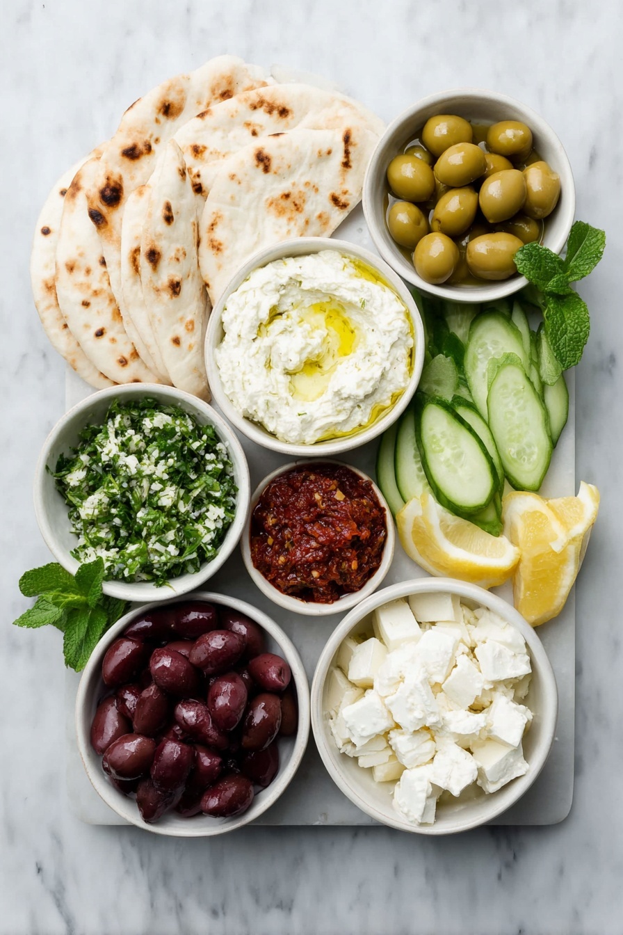 Flat lay of whipped feta in a small white bowl, muhammara in a small white bowl, tabbouleh in a small white bowl, wedges of pita bread stacked neatly, a cluster of shiny cherry tomatoes on the vine, thinly sliced Persian cucumbers arranged in a fan, halved or quartered radishes showing bright white and red interiors, halved artichoke hearts with tender leaves, a small white bowl filled with green olives, another small white bowl with kalamata olives, small cubes of white feta cheese arranged neatly, lemon wedges with vibrant yellow rinds, sprigs of fresh mint and fresh parsley placed delicately, all ingredients displayed with perfect symmetry and realistic proportions, placed on a clean white marble surface, soft natural light, photo taken with an iPhone, professional food photography style, fresh ingredients, white ceramic bowls, no bottles, no duplicates, no utensils, no packaging --ar 2:3 --v 7 --p m7354615311229779997 - Mezze Platter with Feta and Hummus, Mediterranean mezze platter, Greek feta cheese board, healthy appetizer platter, DIY mezze platter ideas