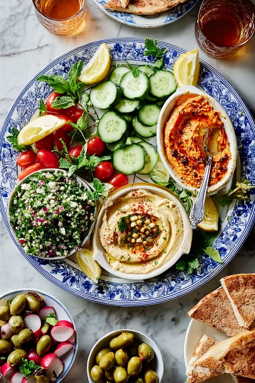 A large round white plate with a blue floral pattern holds an assortment of fresh and colorful Middle Eastern foods arranged neatly. At the top center, there are thick slices of bright green cucumbers and small bright red cherry tomatoes, with wedges of pale yellow lemon and artichoke hearts placed nearby. On the left side of the plate, a white bowl contains a green tabbouleh salad mixed with chopped red tomatoes, white grains, and green herbs, with a silver spoon resting inside. Next to it, a larger white bowl has a creamy light beige hummus spread cured with olive oil and sprinkled with red spices and green herbs. On the right side of the main plate, an oval white bowl holds a reddish-orange dip, garnished with chopped nuts and green leaves. Around the plate are scattered fresh parsley sprigs and radish halves. Below the main plate, a smaller white bowl filled with green and purple olives sits on the white marbled surface. To the right, torn pieces of golden brown pita bread rest on a white plate. The whole scene is set on a white marbled surface with two glasses of tea visible. photo taken with an iphone --ar 2:3 --v 7 - Mezze Platter with Feta and Hummus, Mediterranean mezze platter, Greek feta cheese board, healthy appetizer platter, DIY mezze platter ideas