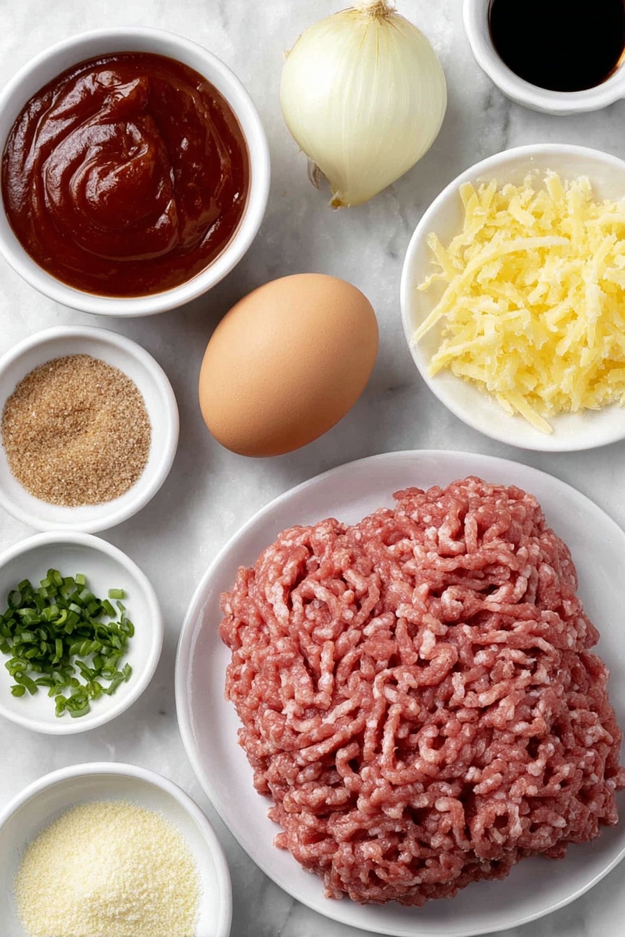 Flat lay of a small white ceramic bowl of panko breadcrumbs, a halved fresh yellow onion with one half finely grated, a small mound of fresh raw ground beef, a similar mound of raw ground pork, one whole brown egg with a clean shell, a single peeled garlic clove, a small white ceramic bowl of thick tomato ketchup, a small white ceramic bowl of apple cider vinegar, a small white ceramic bowl of dark soy sauce, a small white ceramic bowl of brown sugar, a small white ceramic bowl of clear water, a small white ceramic bowl of Worcestershire sauce, a few fresh green chives finely chopped on a white ceramic plate, a pinch of black pepper and some coarse salt scattered naturally on the surface, placed on a clean white marble surface, soft natural light, photo taken with an iPhone, professional food photography style, fresh ingredients, white ceramic bowls, no bottles, no duplicates, no utensils, no packaging --ar 2:3 --v 7 --p m7354615311229779997 - Sweet and Sour Cocktail Meatballs, cocktail meatballs recipe, easy appetizer recipes, party meatball ideas, flavorful meatball recipes