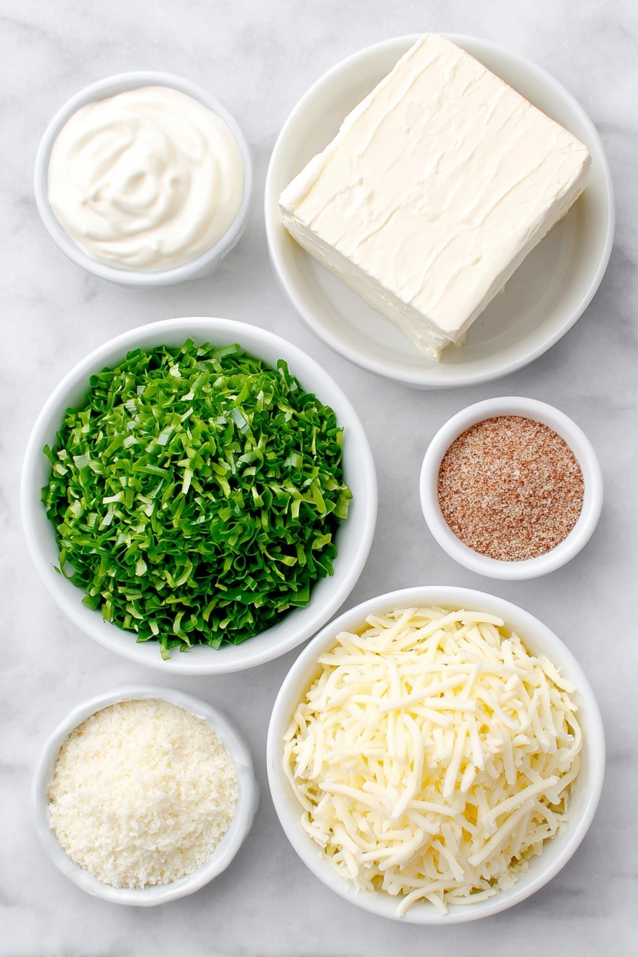 Flat lay of a small block of soft cream cheese, a small white ceramic bowl filled with sour cream, a small mound of fresh bright green chopped spinach leaves, a small white ceramic bowl containing dry vegetable soup mix powder, a small pile of shredded mozzarella cheese, a small white ceramic bowl with grated parmesan cheese, all arranged with perfect symmetry on a clean white marble surface, soft natural light, photo taken with an iPhone, professional food photography style, fresh ingredients, white ceramic bowls, no bottles, no duplicates, no utensils, no packaging --ar 2:3 --v 7 --p m7354615311229779997 - Hot Spinach Dip, spinach dip recipe, cheesy spinach dip, quick spinach appetizer, creamy spinach dip