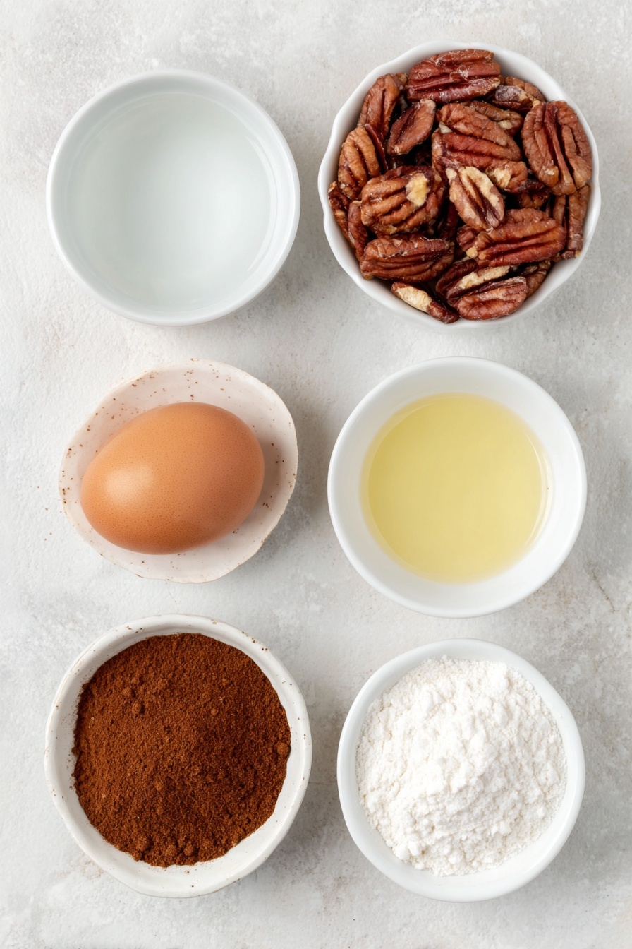 Flat lay of a small pile of fresh pecan halves, one large whole uncracked brown egg, a small white ceramic bowl of clear water, a small white ceramic bowl of granulated white sugar, a small white ceramic bowl of warm brown ground cinnamon, a small white ceramic bowl of fine white salt, and a small white ceramic bowl of pale vanilla extract placed on a clean white marble surface, soft natural light, photo taken with an iPhone, professional food photography style, fresh ingredients, white ceramic bowls, no bottles, no duplicates, no utensils, no packaging --ar 2:3 --v 7 --p m7354615311229779997 - Cinnamon Candied Pecans, cinnamon pecan snack, easy candied pecans, sweet crunchy pecans, holiday gift pecans