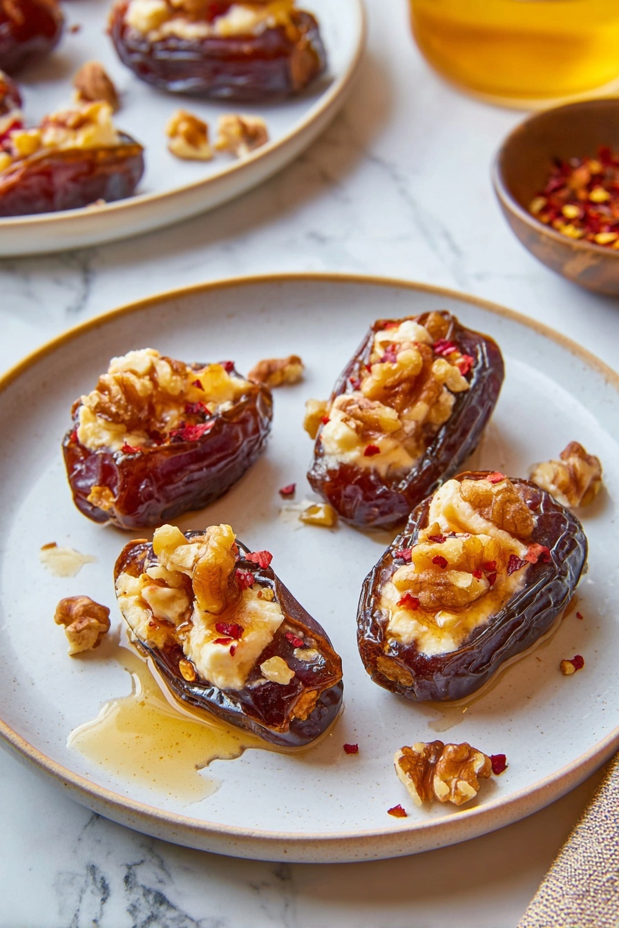 A white plate holds four stuffed dates arranged loosely in the center, each date a dark brown color with a wrinkled texture. Each date is filled with a creamy white cheese layer inside, topped with chunky pieces of light brown walnuts and small red pepper flakes. There are drizzles of golden honey around the dates and small walnut pieces scattered on the plate. In the background, there is a glimpse of another white plate with more stuffed dates and a small bowl with crushed red pepper flakes, all on a white marbled surface. photo taken with an iphone --ar 2:3 --v 7 - Stuffed Dates with Goat Cheese and Nuts, stuffed date appetizers, easy appetizer recipes, elegant party appetizers, goat cheese stuffed dates